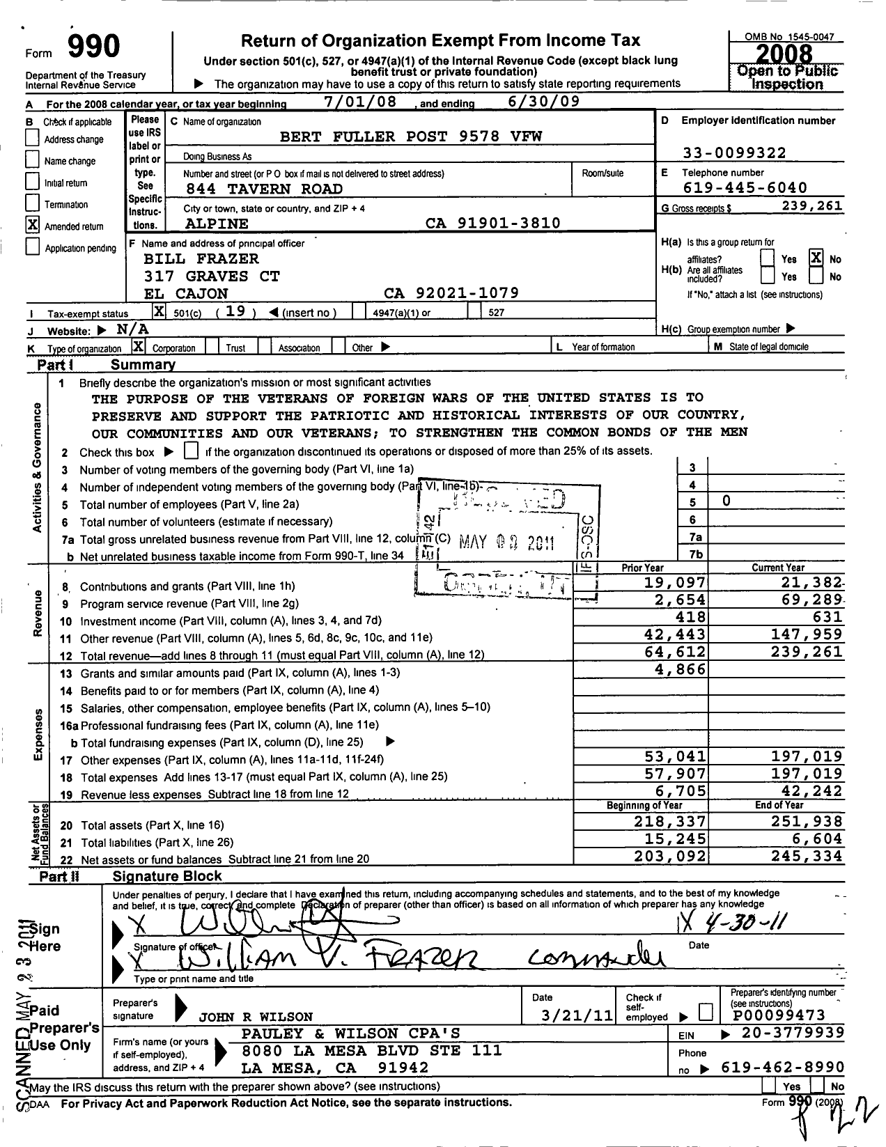 Image of first page of 2008 Form 990O for Bert Fuller Post No 9578 Veterans of Foreign Wars of the United States