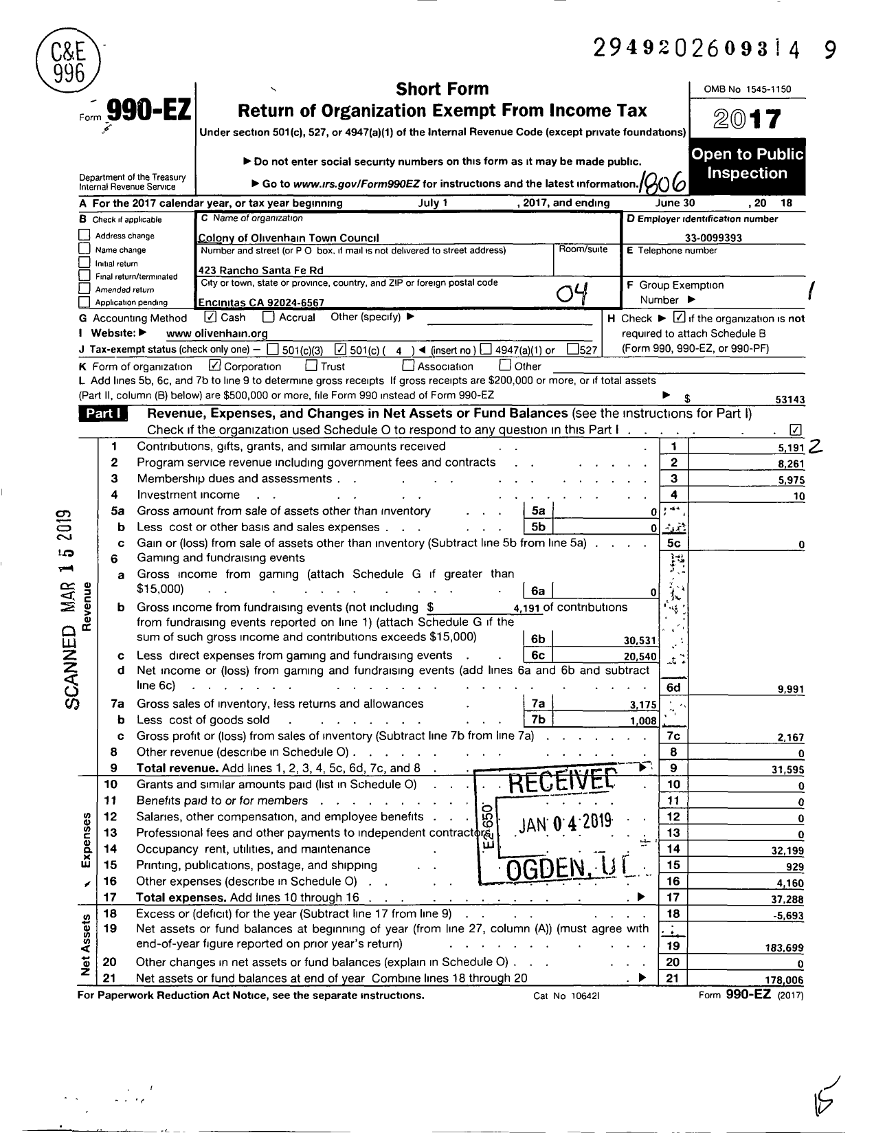 Image of first page of 2017 Form 990EO for Colony of Olivenhain Town Council