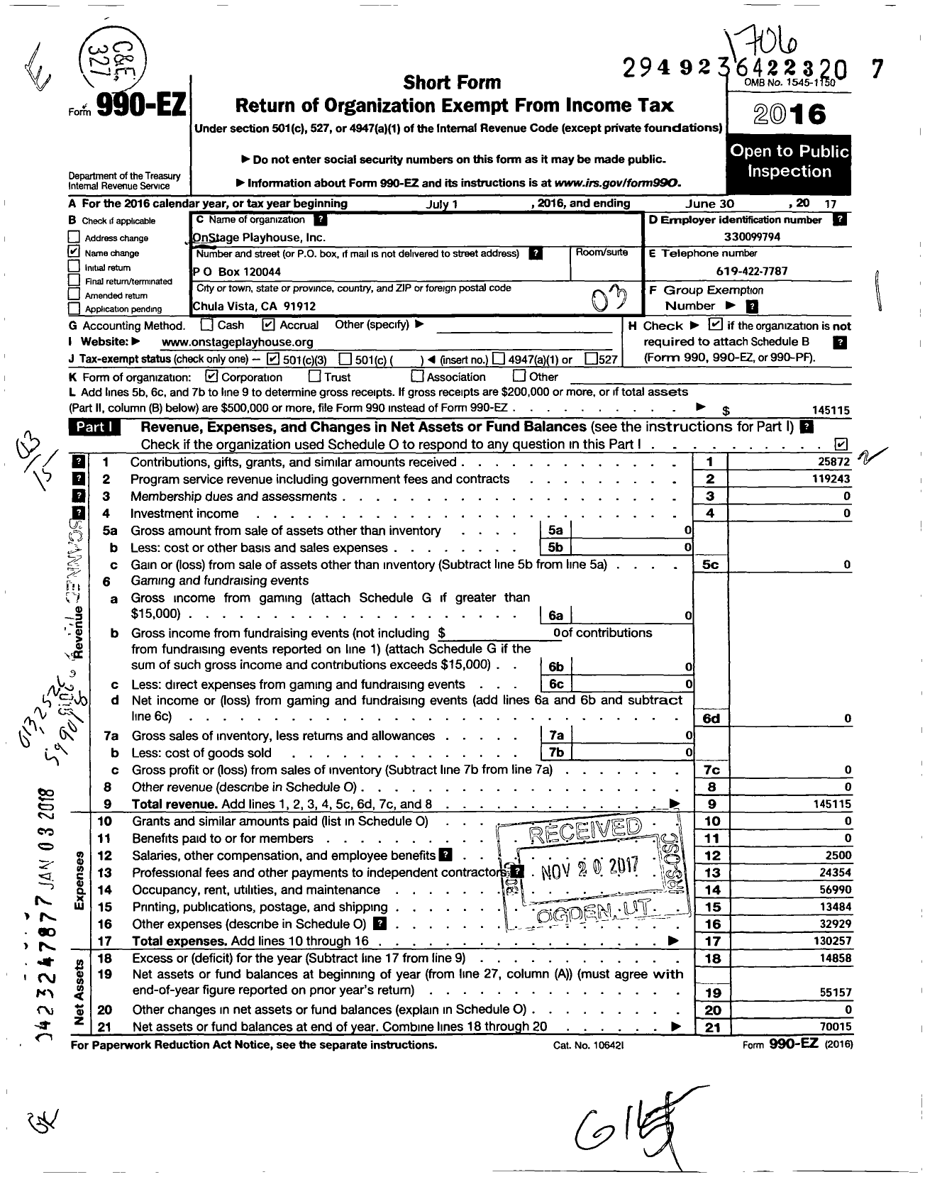 Image of first page of 2016 Form 990EZ for Onstage Playhouse