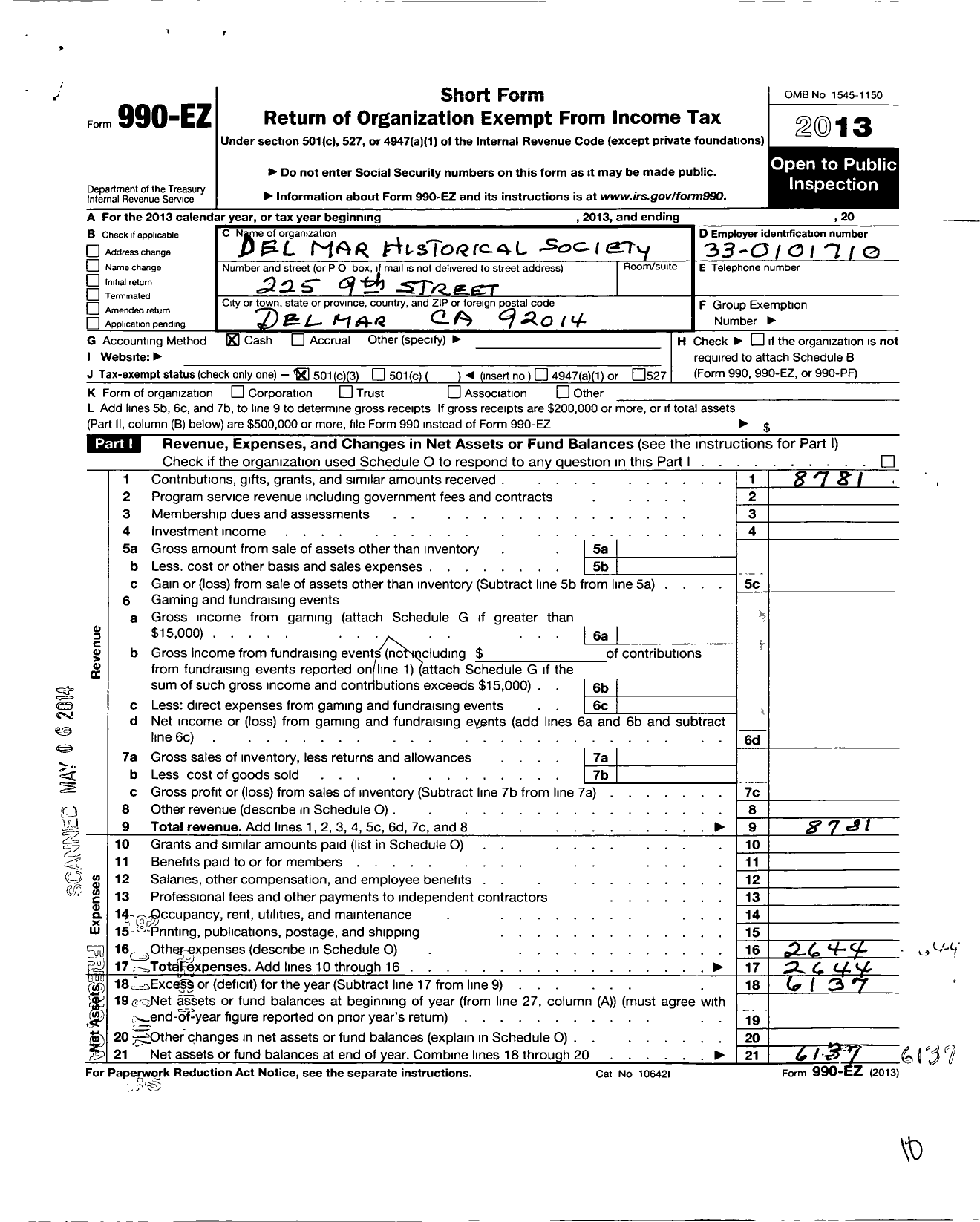 Image of first page of 2013 Form 990EZ for Del Mar Historical Society