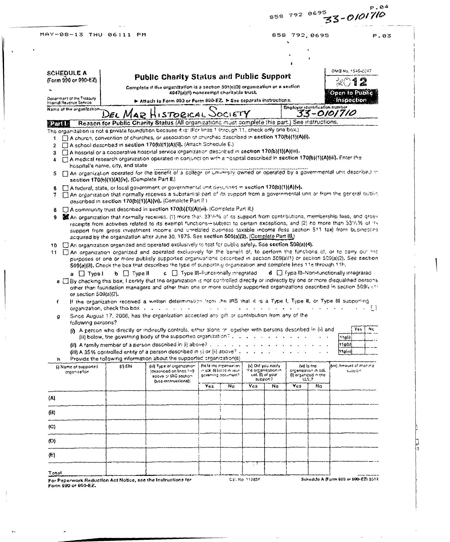 Image of first page of 2012 Form 990ER for Del Mar Historical Society