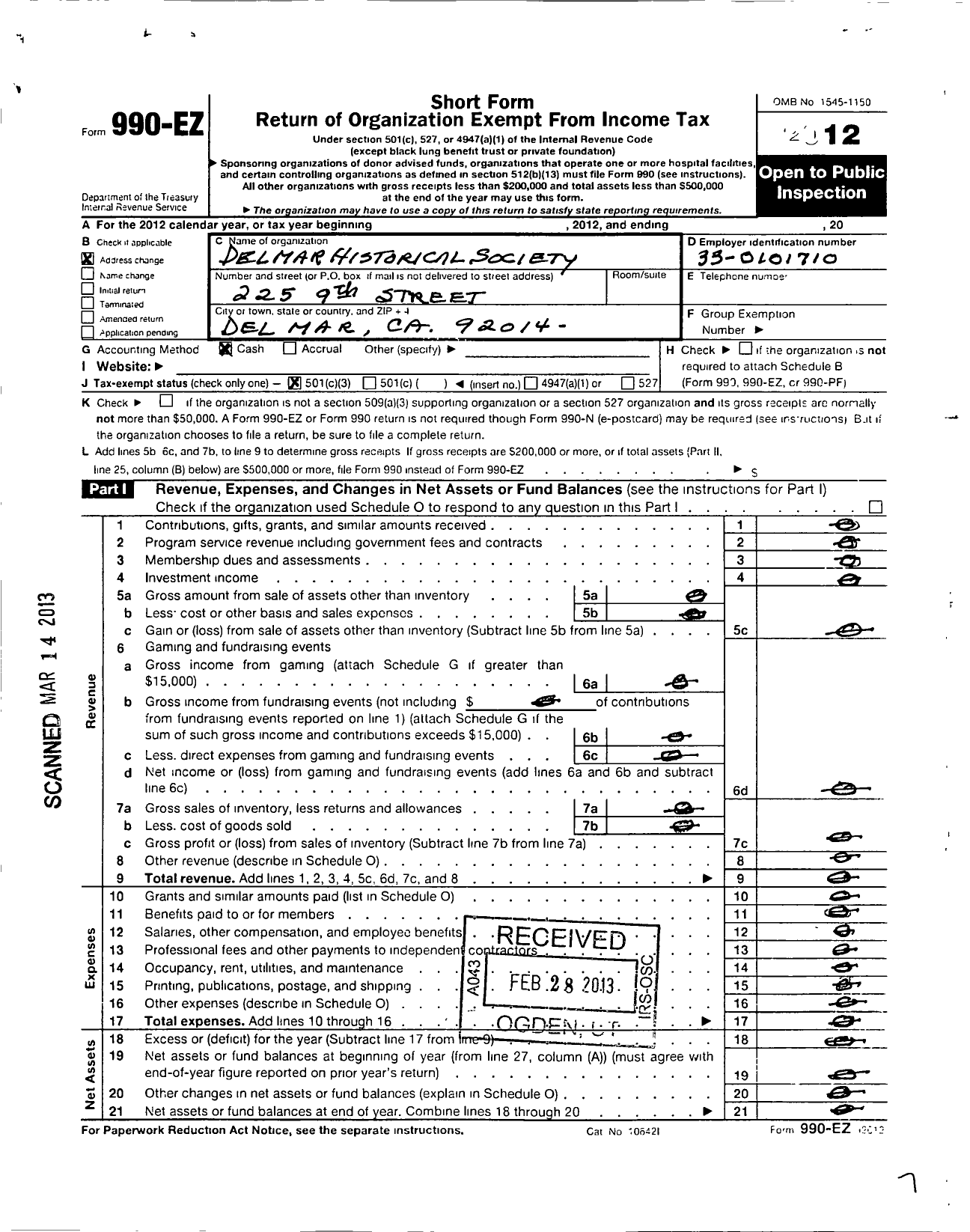 Image of first page of 2012 Form 990EZ for Del Mar Historical Society