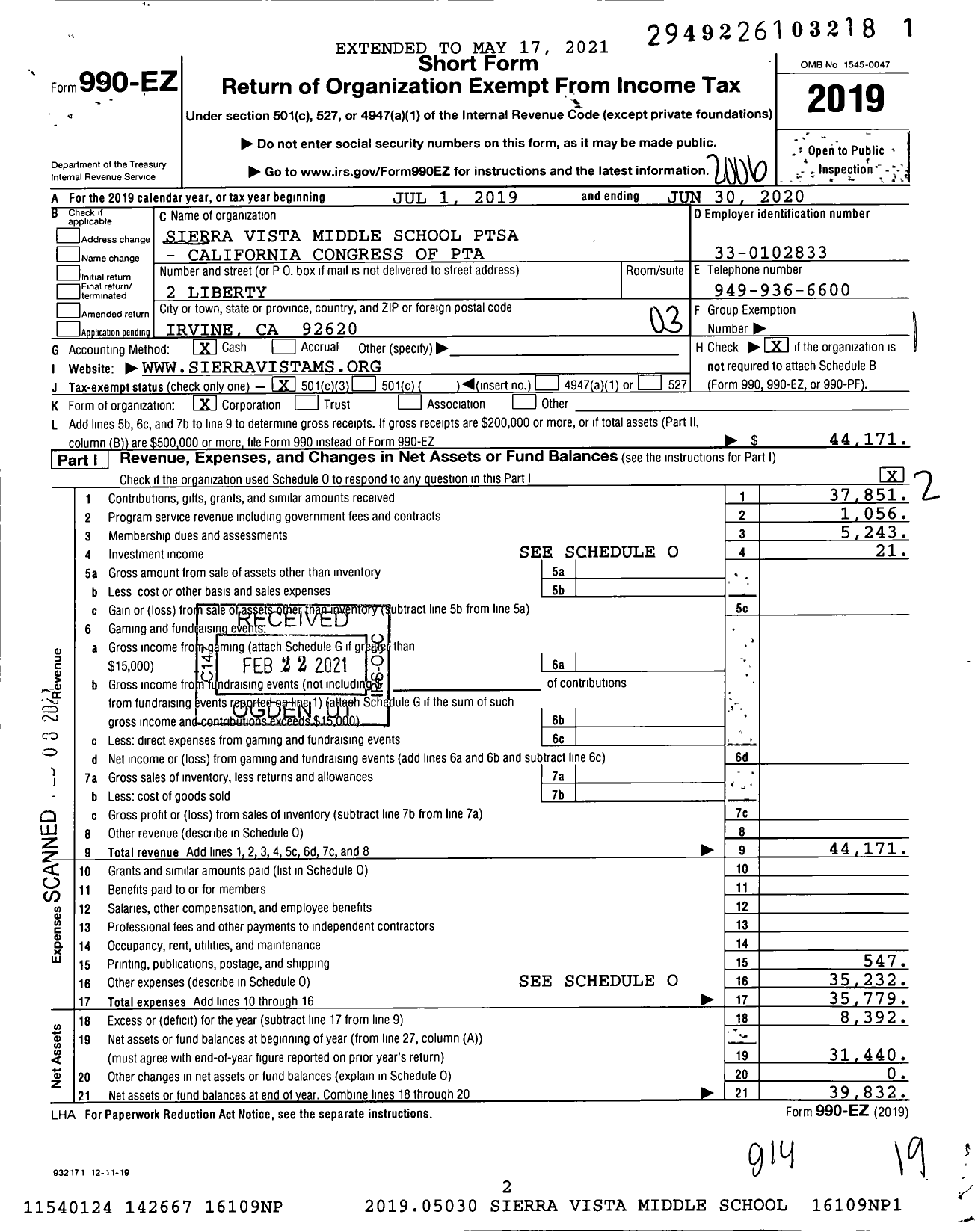 Image of first page of 2019 Form 990EZ for California State PTA - Sierra Vista Middle Ptsa