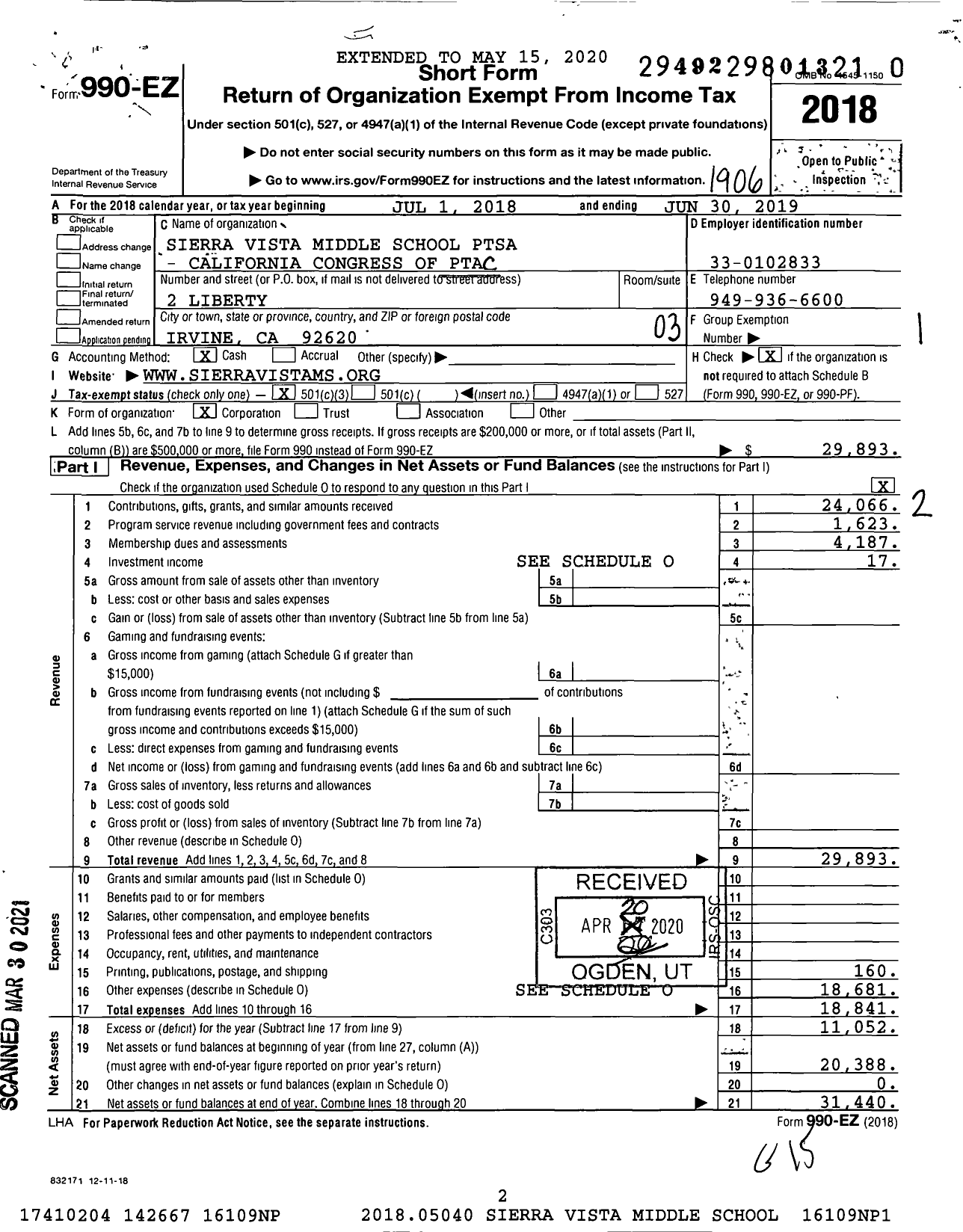 Image of first page of 2018 Form 990EZ for California State PTA - Sierra Vista Middle Ptsa