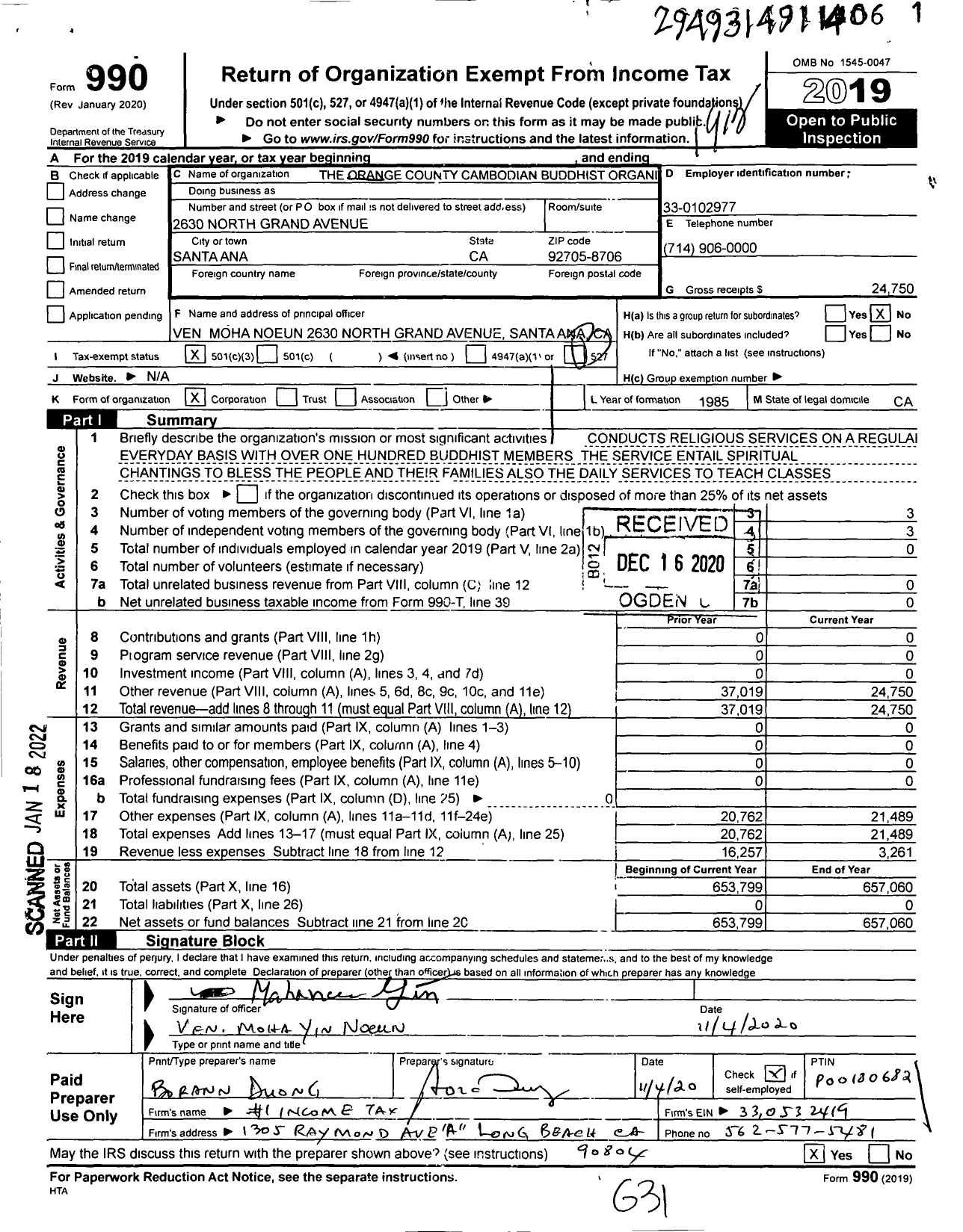 Image of first page of 2019 Form 990 for The Orange County Cambodian Buddhist Organization