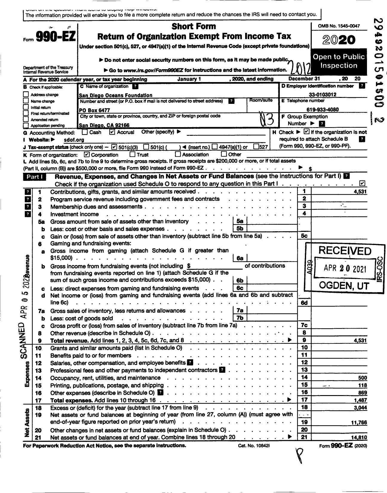 Image of first page of 2020 Form 990EZ for San Diego Oceans Foundation