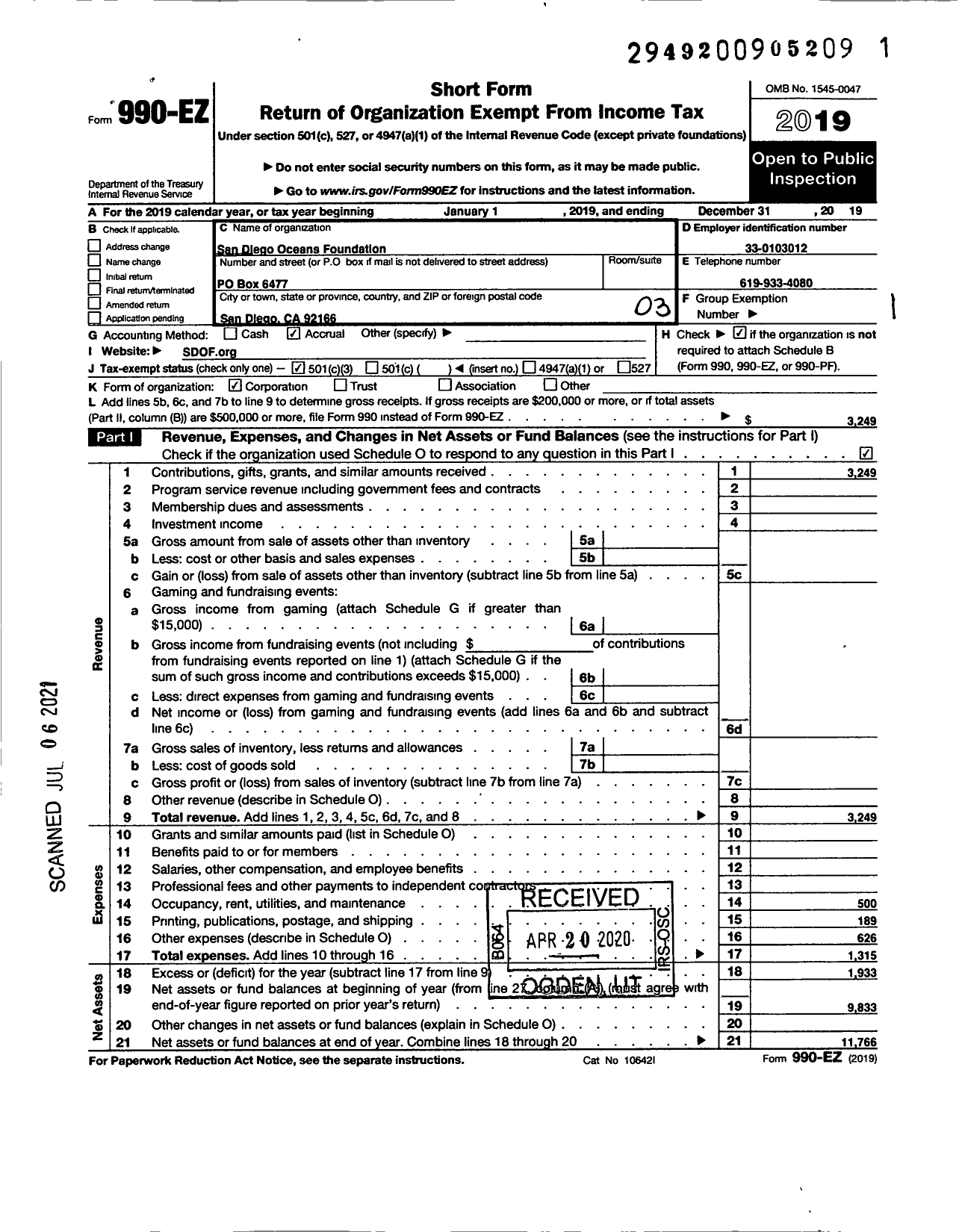 Image of first page of 2019 Form 990EZ for San Diego Oceans Foundation