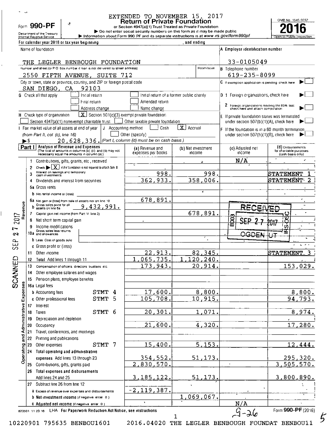 Image of first page of 2016 Form 990PF for The Legler Benbough Foundation
