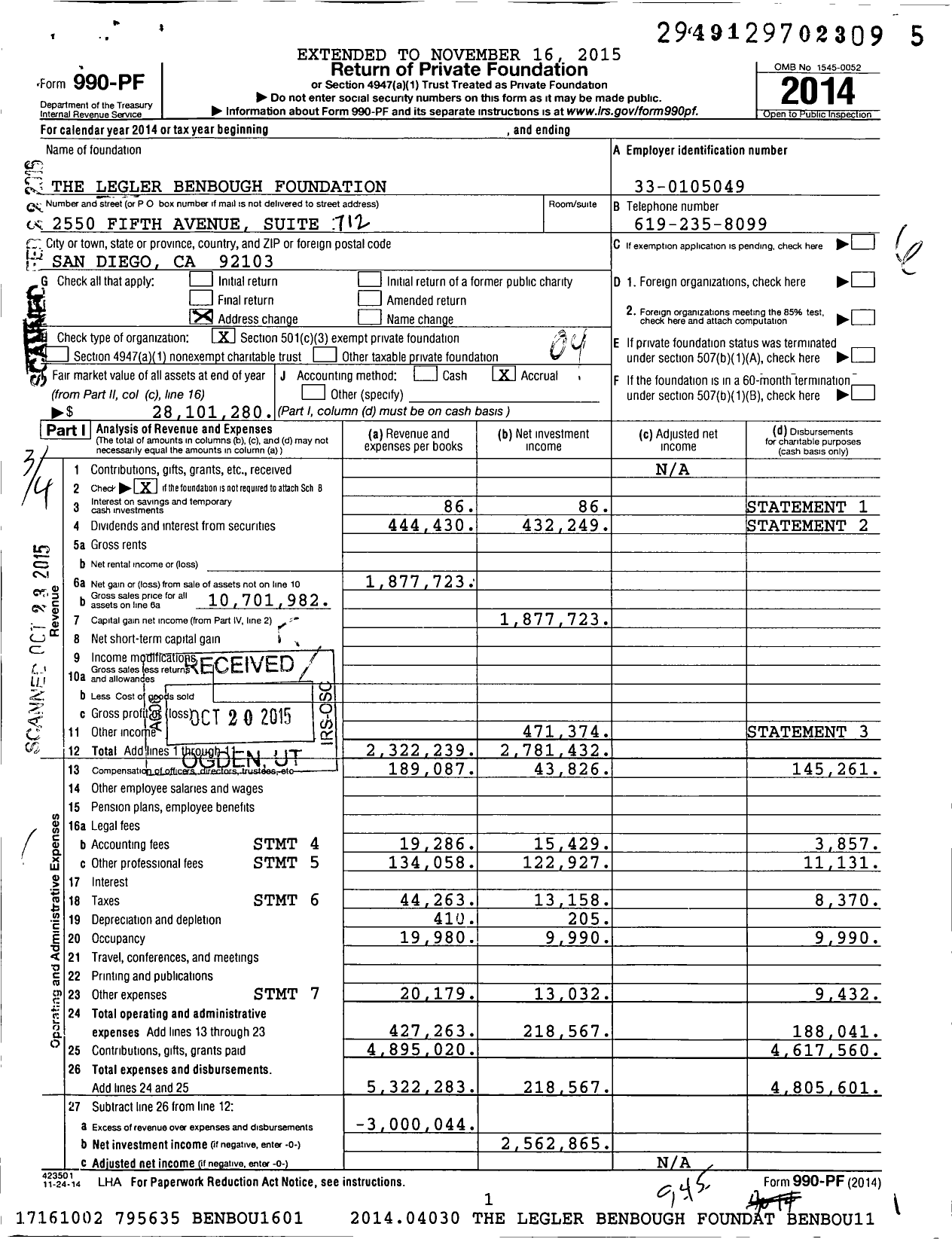 Image of first page of 2014 Form 990PF for The Legler Benbough Foundation
