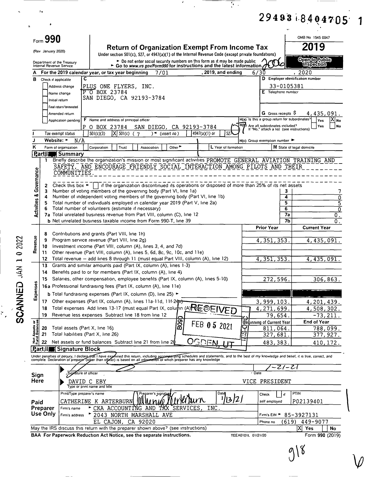 Image of first page of 2019 Form 990O for Plus One Flyers