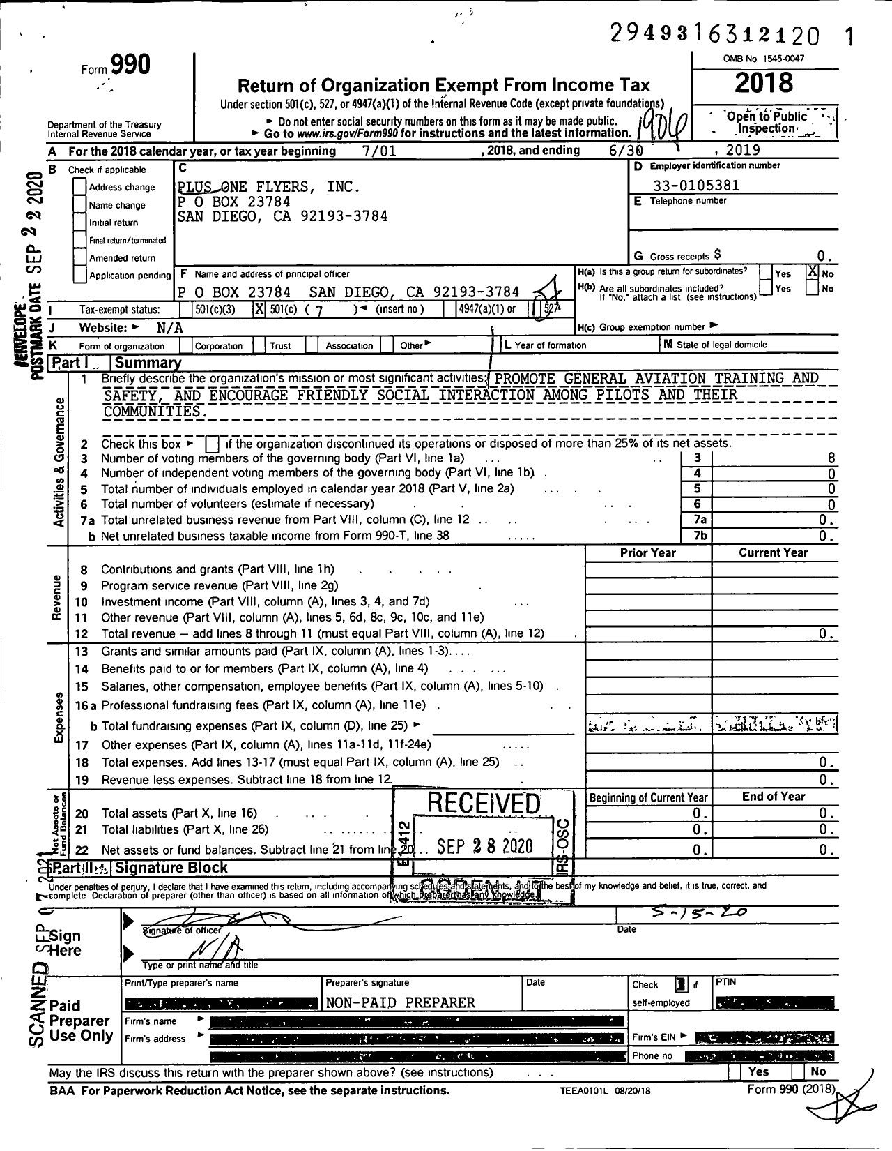 Image of first page of 2018 Form 990O for Plus One Flyers