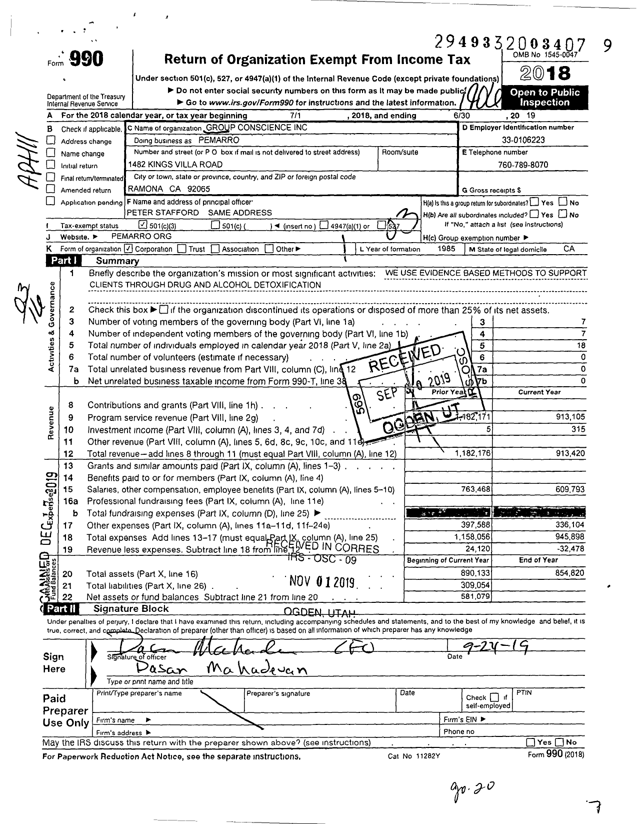 Image of first page of 2018 Form 990 for Pemarro Recovery Center