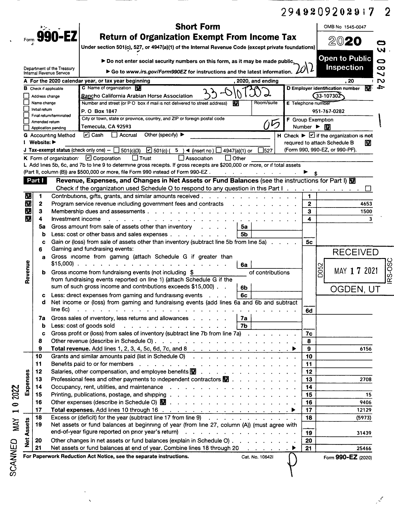 Image of first page of 2020 Form 990EO for Rancho California Arabian Horse Association