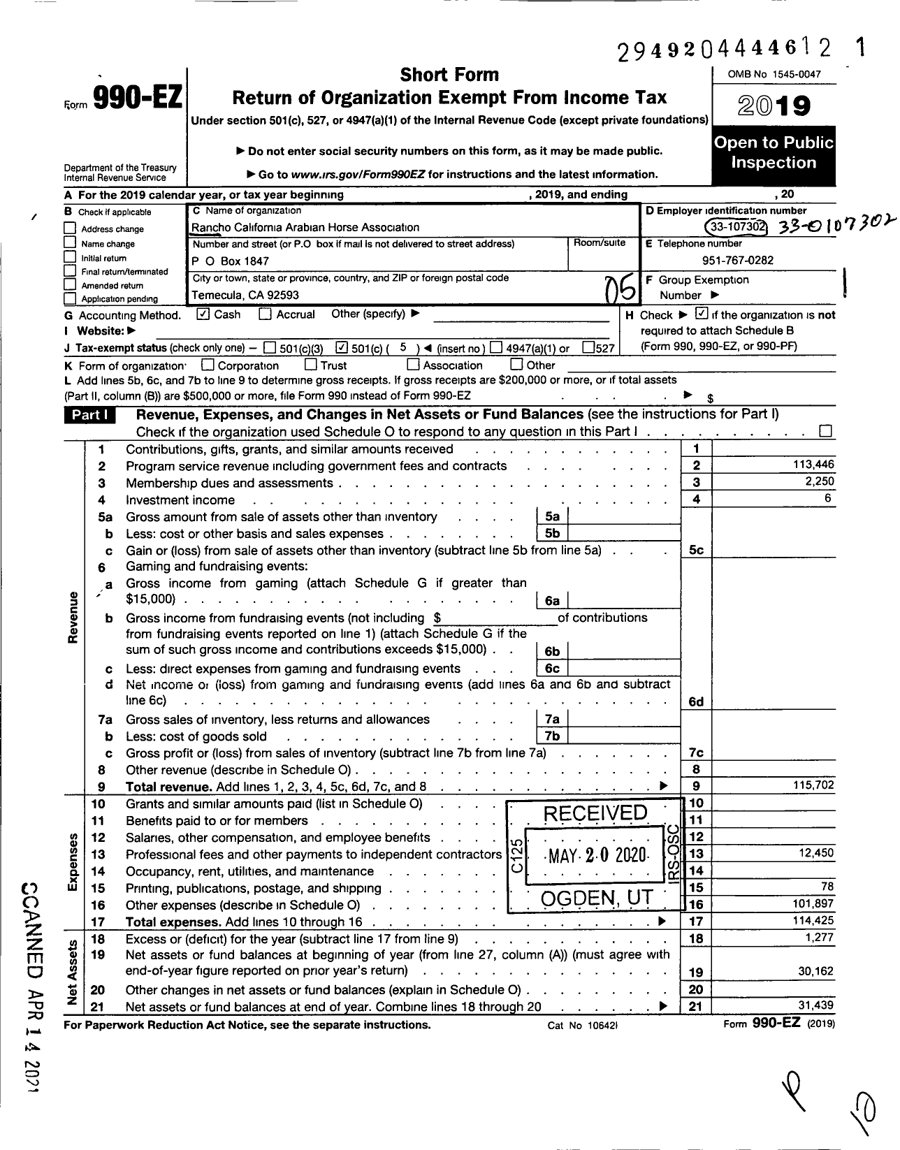 Image of first page of 2019 Form 990EO for Rancho California Arabian Horse Association