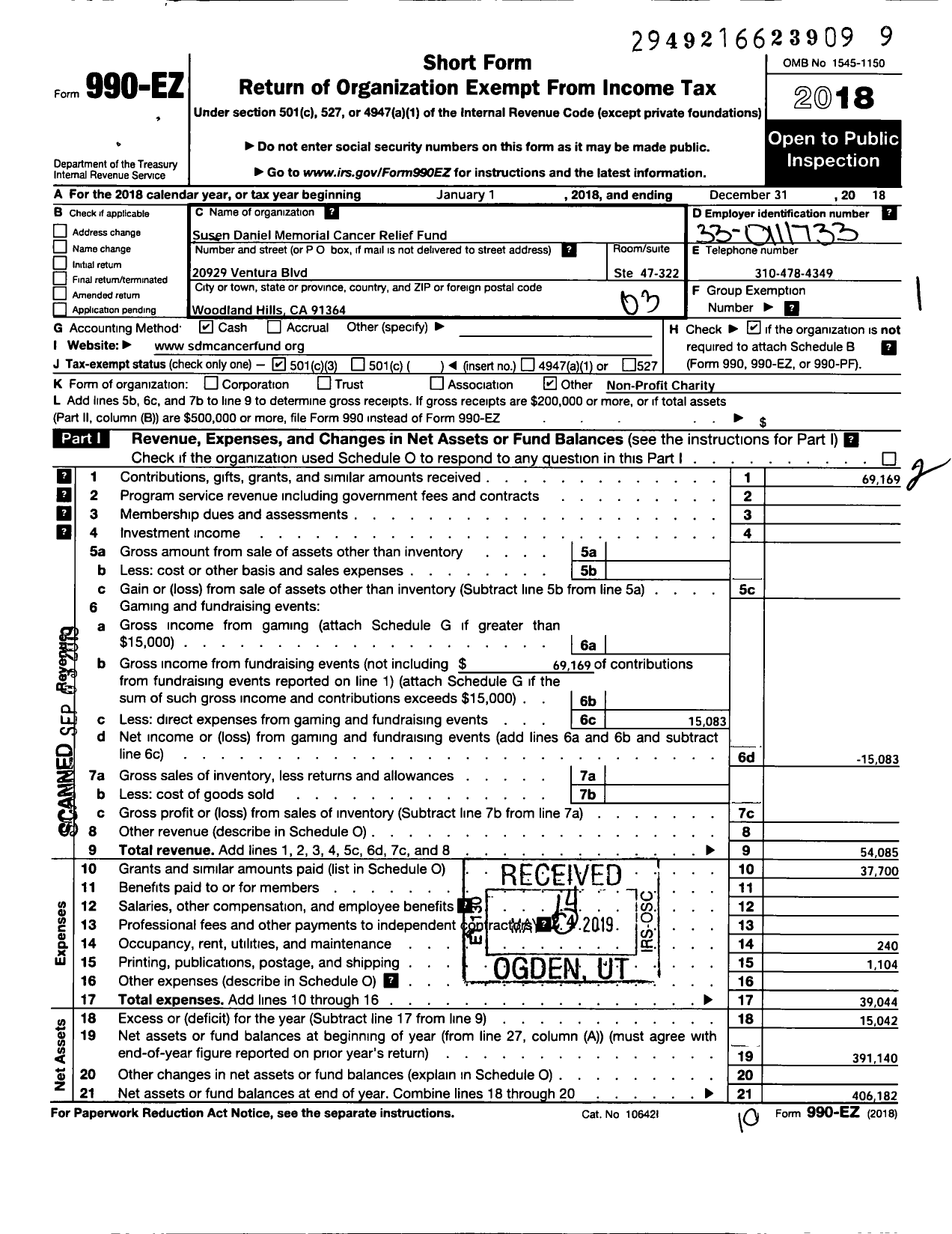 Image of first page of 2018 Form 990EZ for Susen Daniel Memorial Cancer Relief Fund