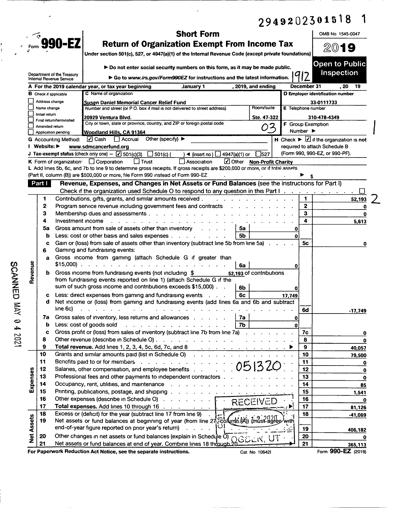 Image of first page of 2019 Form 990EZ for Susen Daniel Memorial Cancer Relief Fund