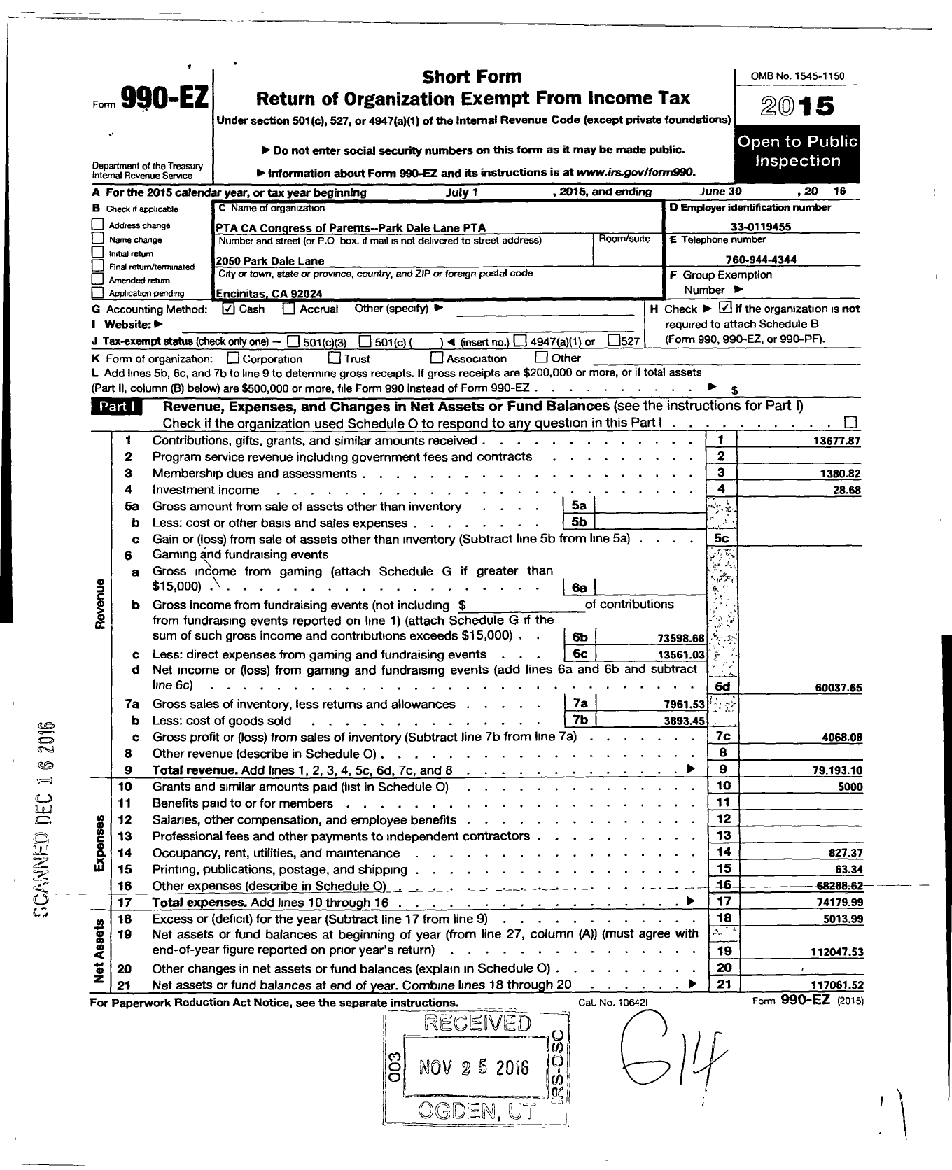 Image of first page of 2015 Form 990EO for California State PTA - Park Dale Lane Elementary PTA