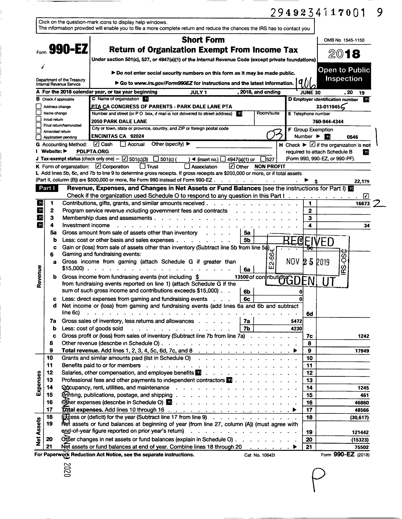 Image of first page of 2018 Form 990EZ for California State PTA - Park Dale Lane Elementary PTA