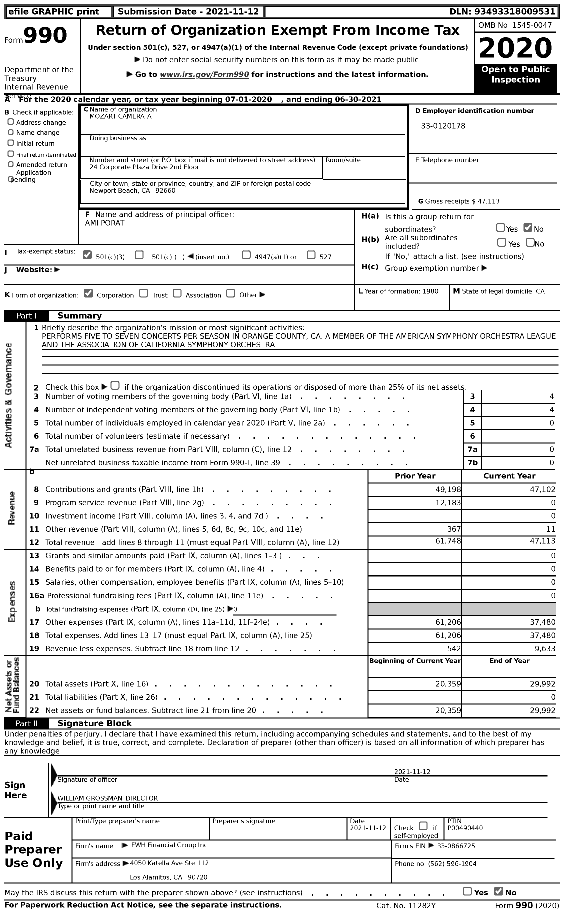 Image of first page of 2020 Form 990 for Mozart Camerata
