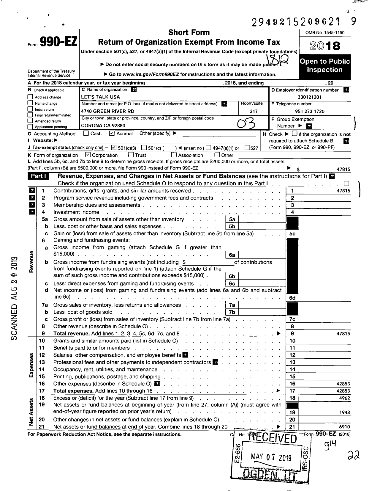 Image of first page of 2018 Form 990EZ for Lets Talk USA