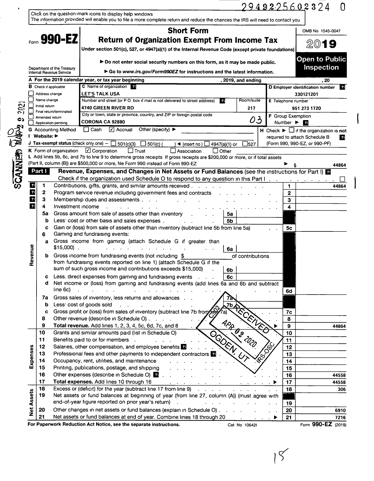 Image of first page of 2019 Form 990EZ for Lets Talk USA