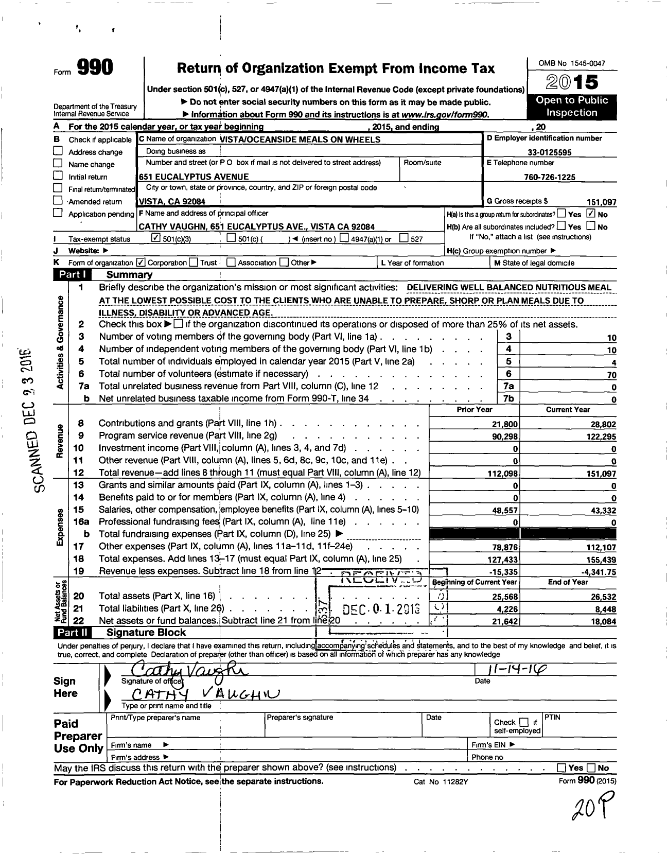 Image of first page of 2015 Form 990 for Vistaoceanside Meals on Wheels