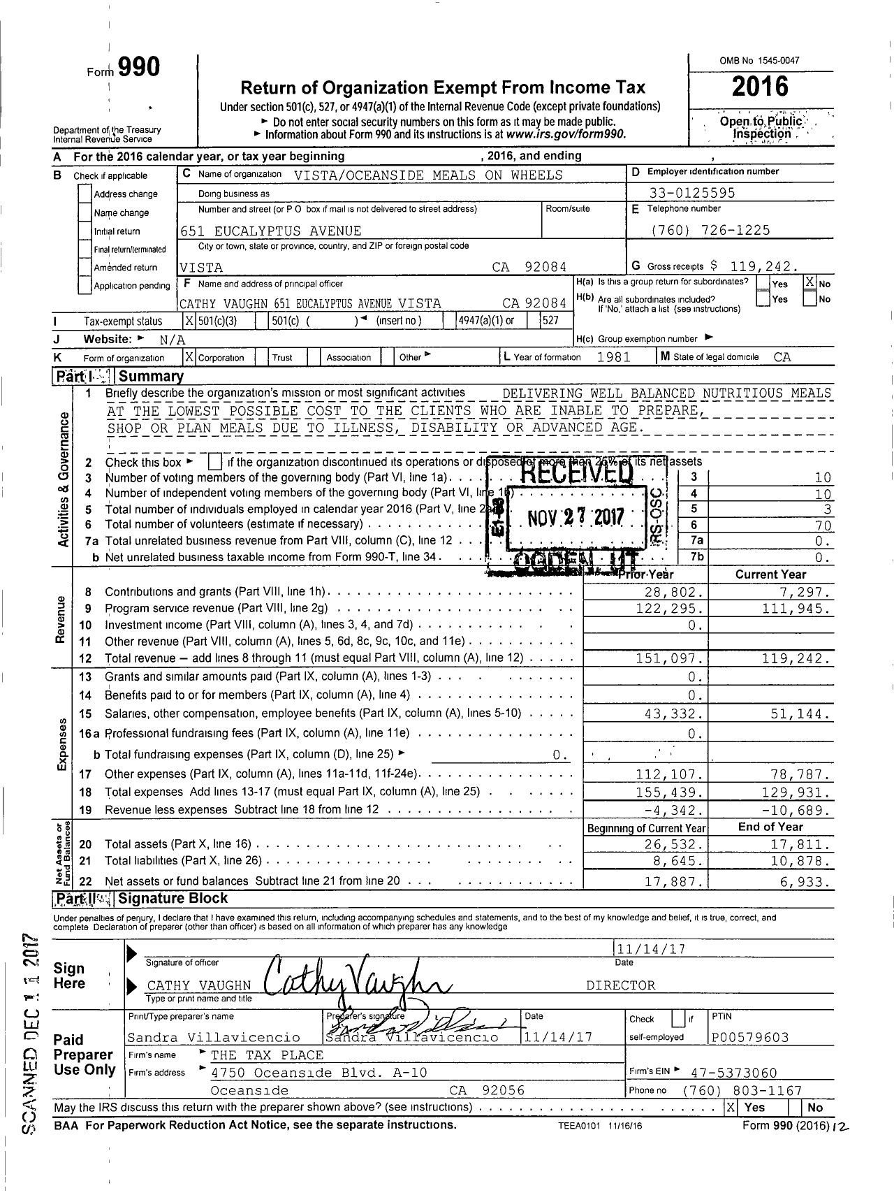 Image of first page of 2016 Form 990 for Vistaoceanside Meals on Wheels
