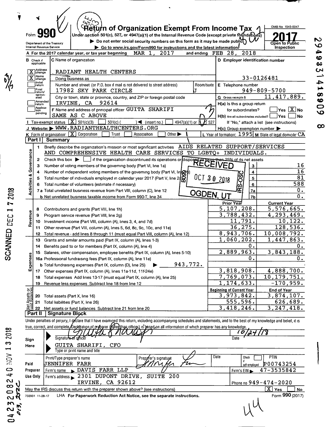 Image of first page of 2017 Form 990 for Radiant Health Centers (ASF)