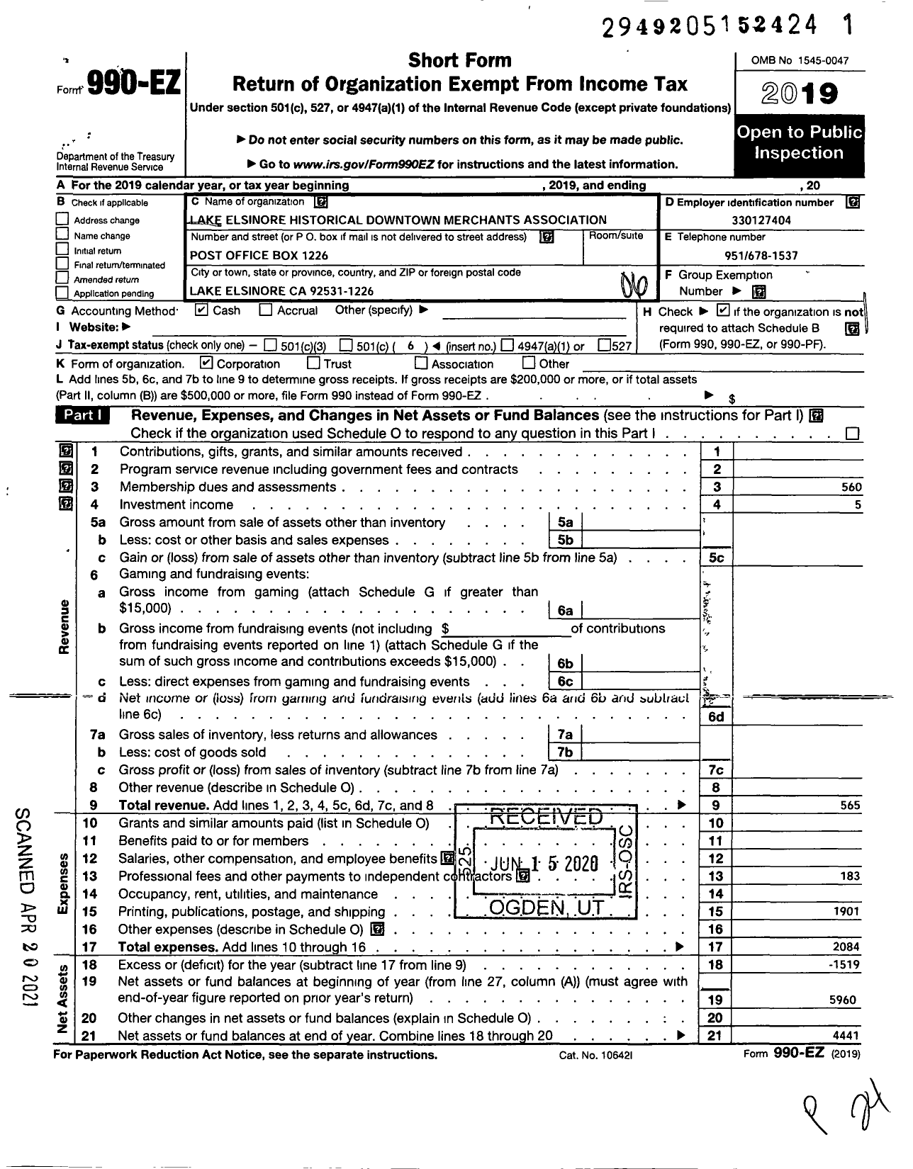 Image of first page of 2019 Form 990EO for Lake Elsinore Historical Downtown Merchants