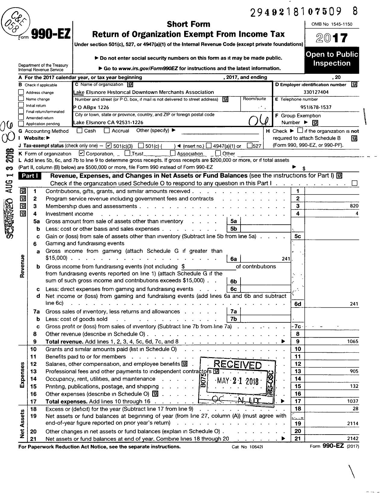 Image of first page of 2017 Form 990EO for Lake Elsinore Historical Downtown Merchants