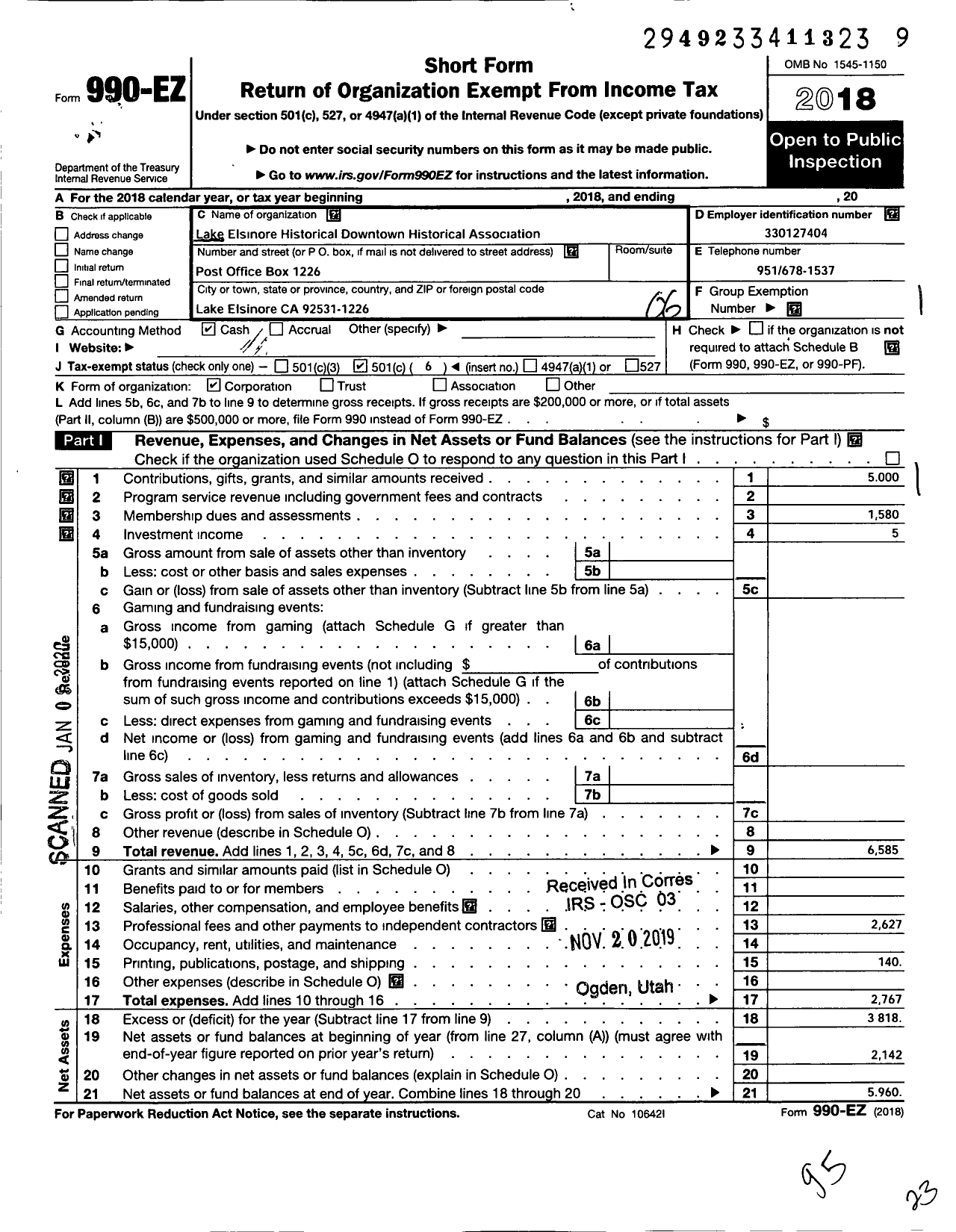 Image of first page of 2018 Form 990EO for Lake Elsinore Historical Downtown Merchants