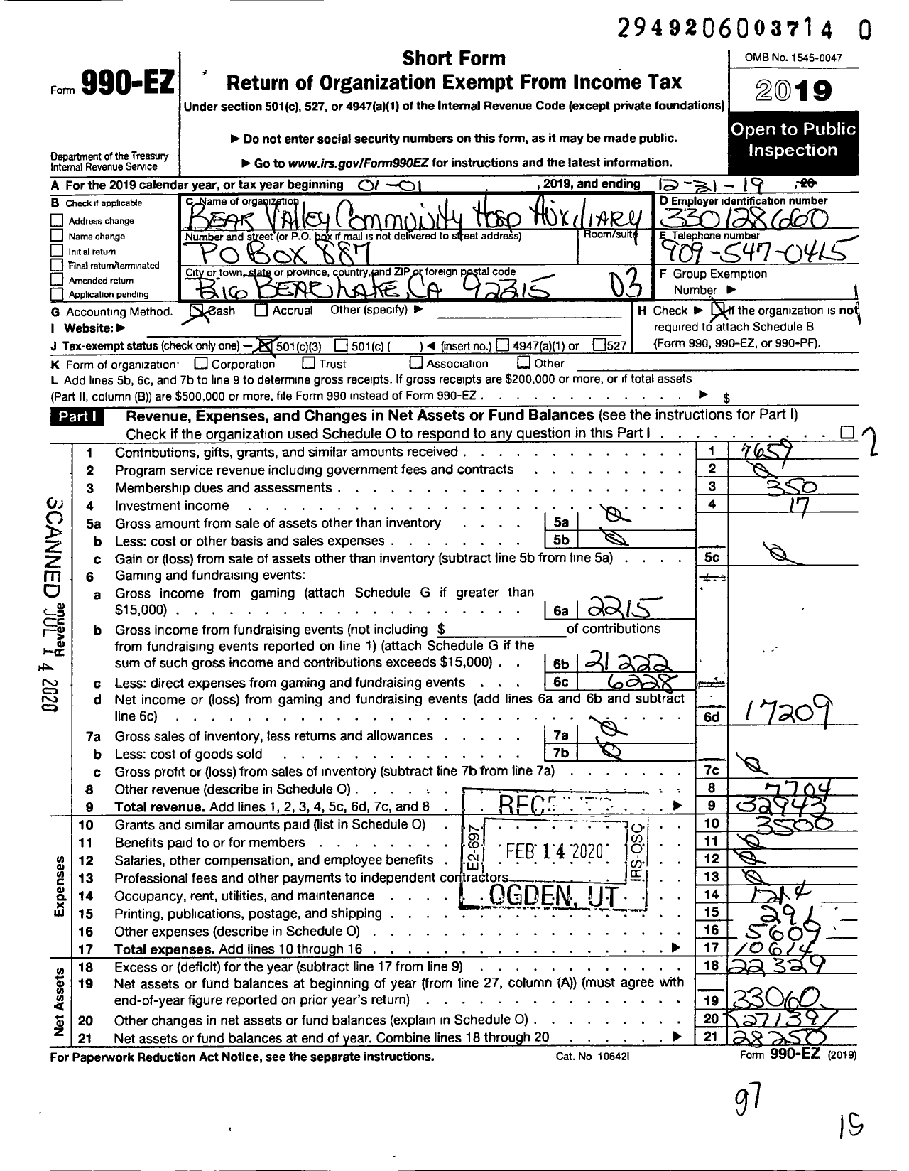 Image of first page of 2019 Form 990EZ for Bear Valley Community Hospital Auxiliary