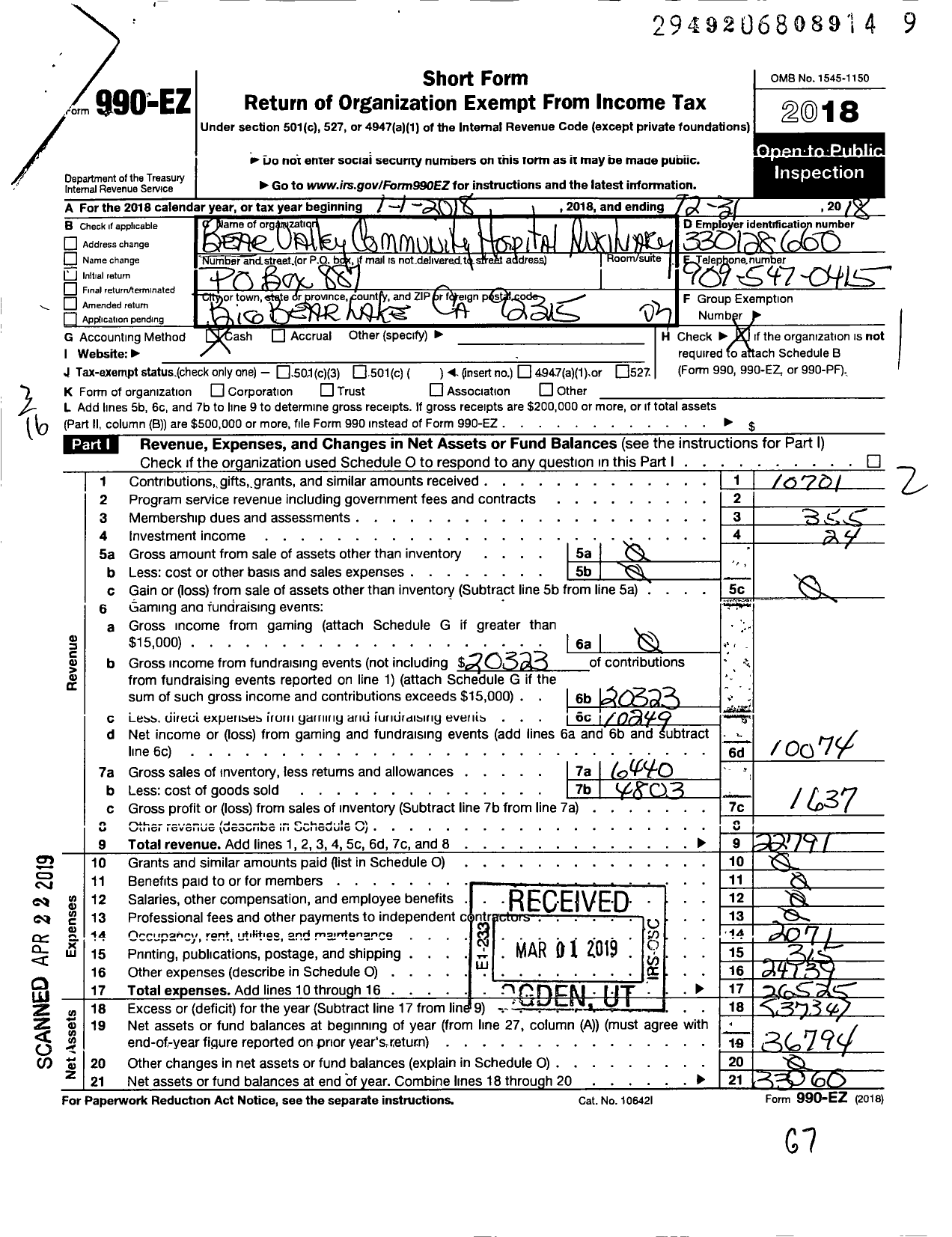 Image of first page of 2018 Form 990EZ for Bear Valley Community Hospital Auxiliary