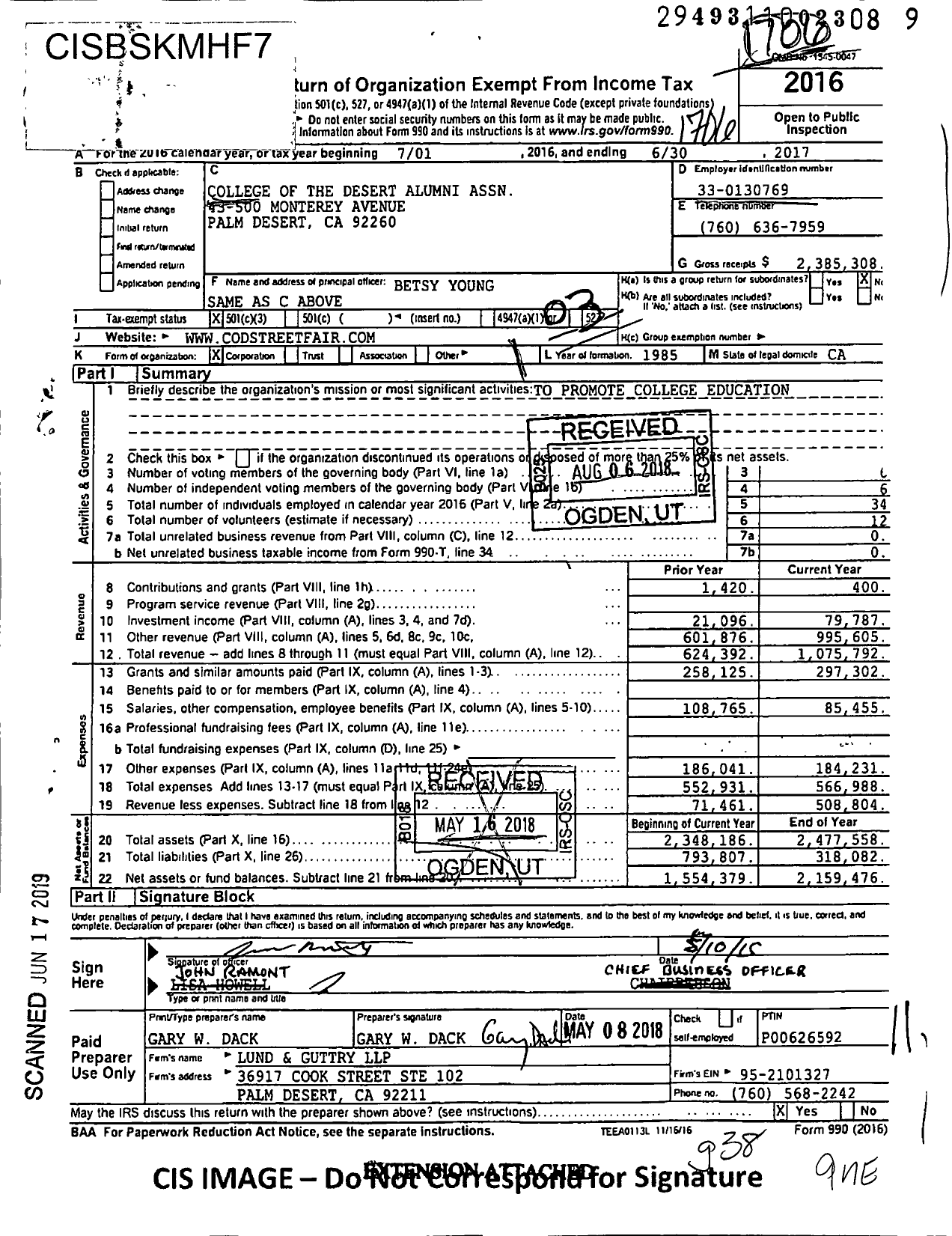 Image of first page of 2016 Form 990 for College of the Desert Alumni Association