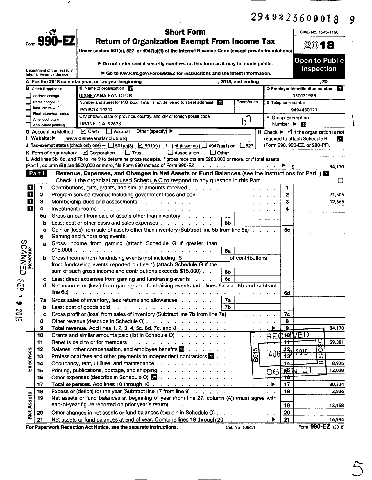 Image of first page of 2018 Form 990EO for Disneyana Fan Club