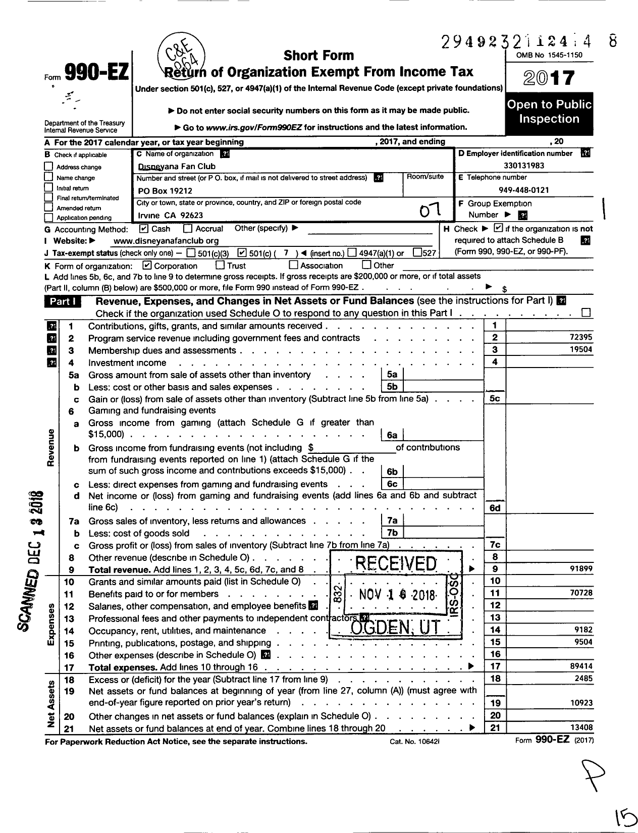 Image of first page of 2017 Form 990EO for Disneyana Fan Club