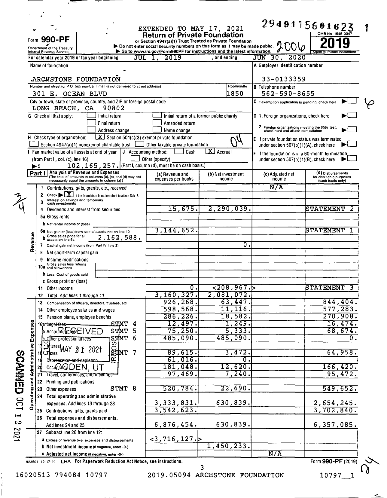 Image of first page of 2019 Form 990PF for Archstone Foundation