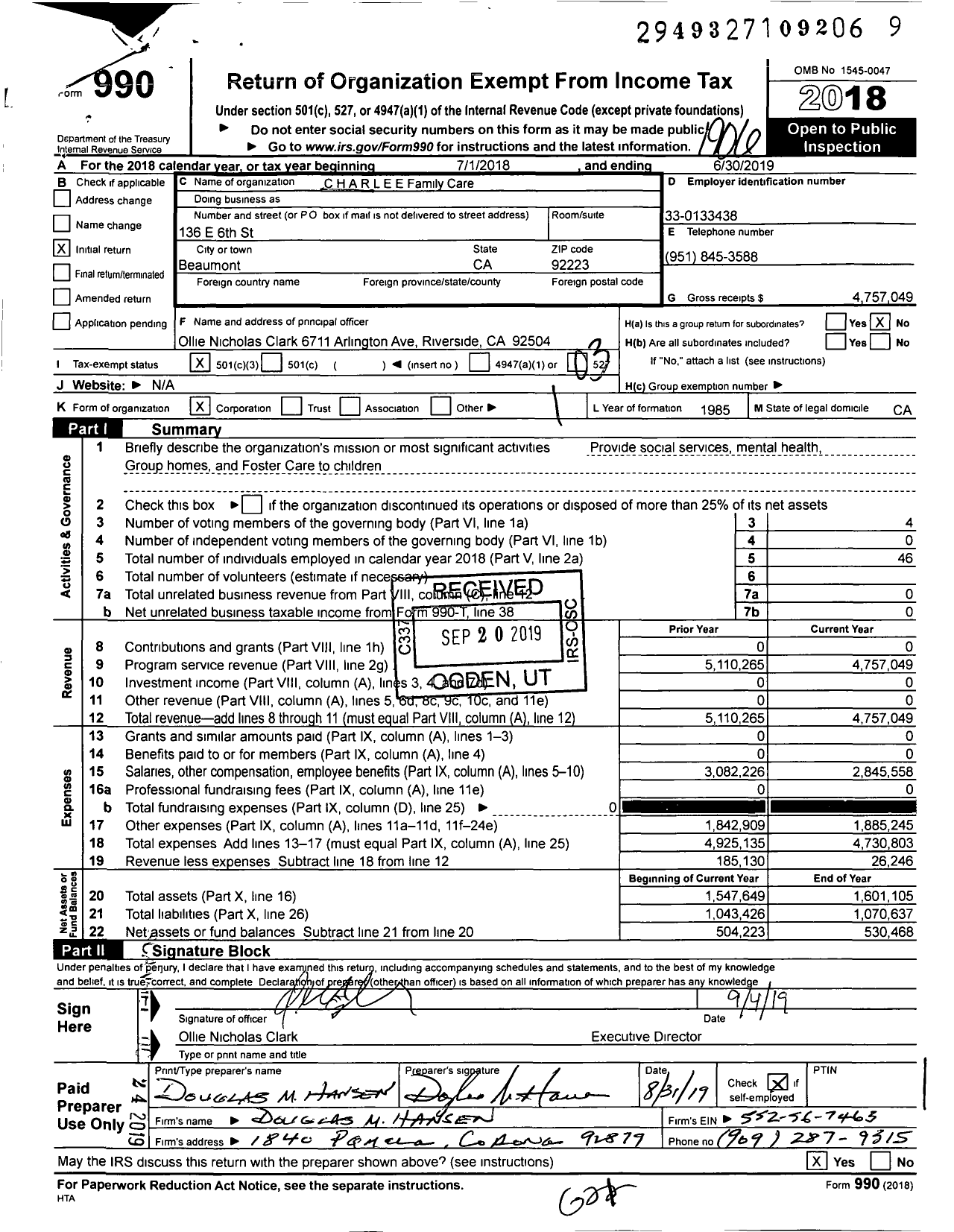 Image of first page of 2018 Form 990 for CHARLEE Family Care