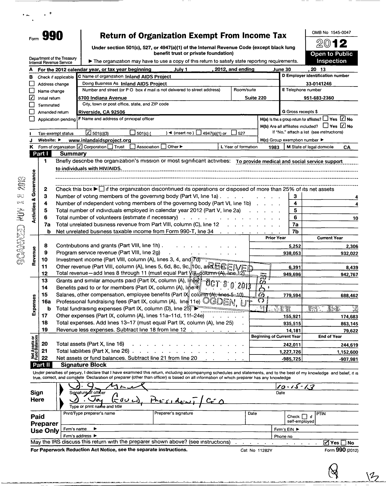 Image of first page of 2012 Form 990 for Inland Aids Project