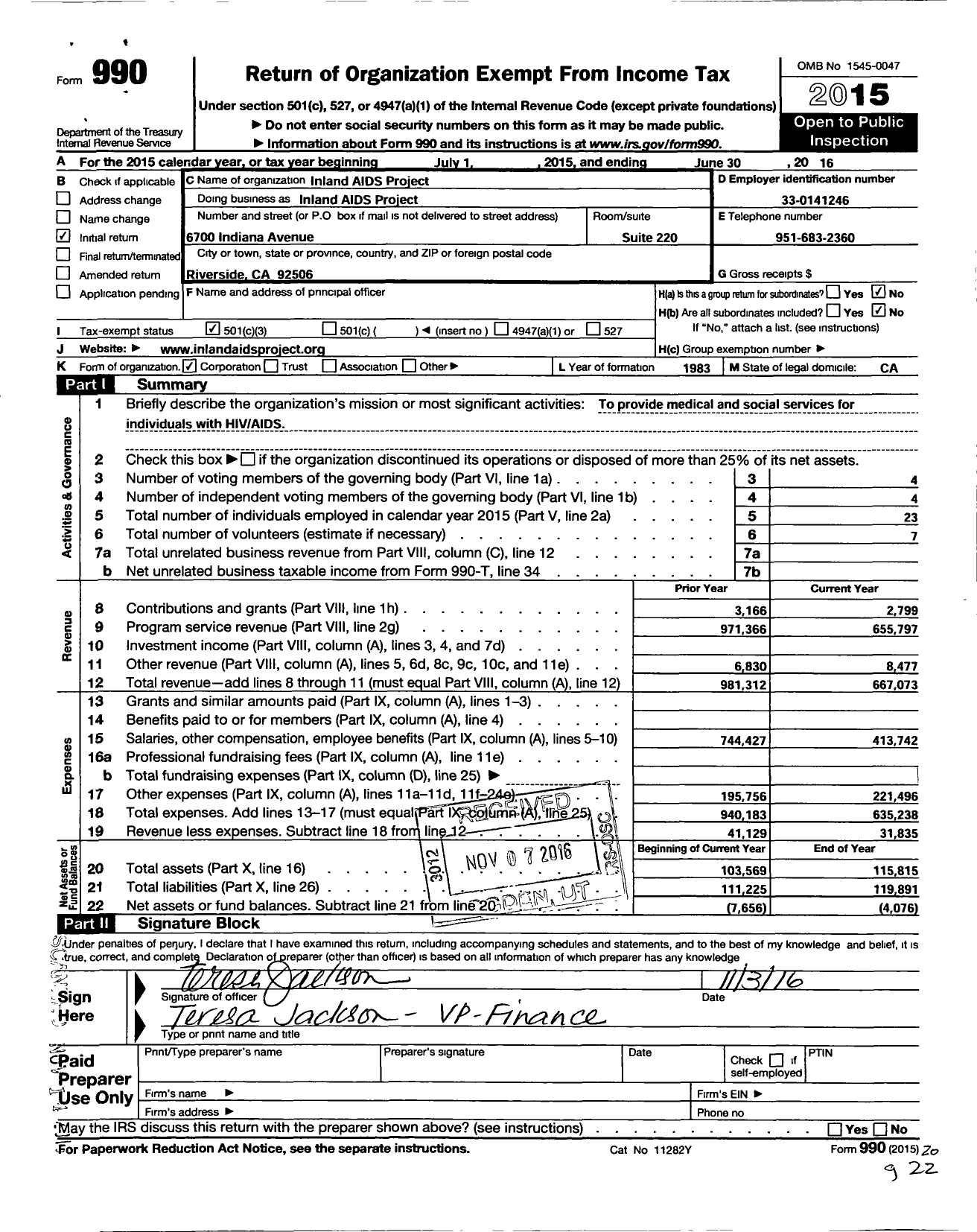 Image of first page of 2015 Form 990 for Inland Aids Project