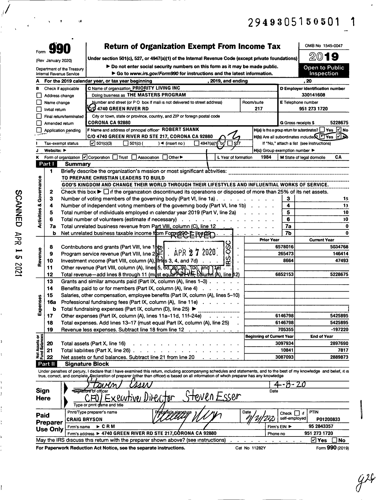 Image of first page of 2019 Form 990 for Priority Living the Masters Program