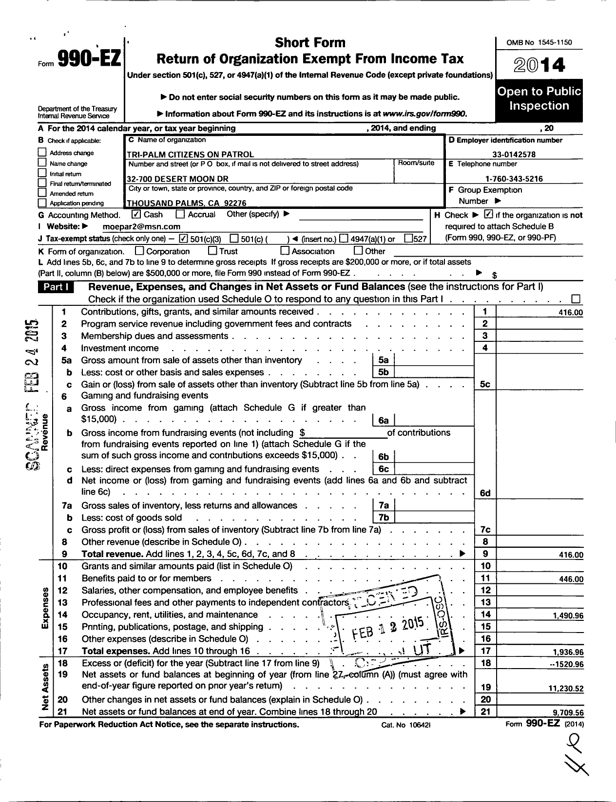 Image of first page of 2014 Form 990EZ for Tri-Palm Citizens on Patrol