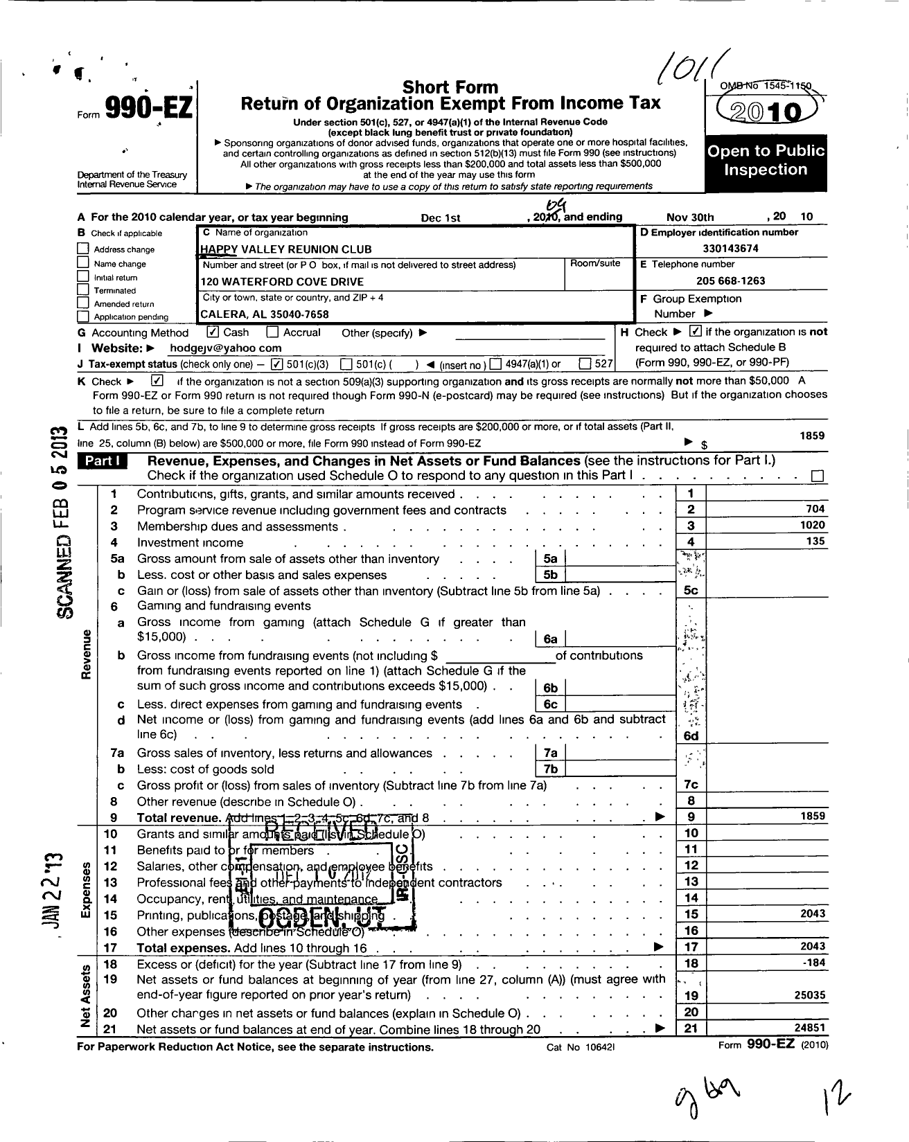 Image of first page of 2009 Form 990EZ for Happy Valley Reunion Club