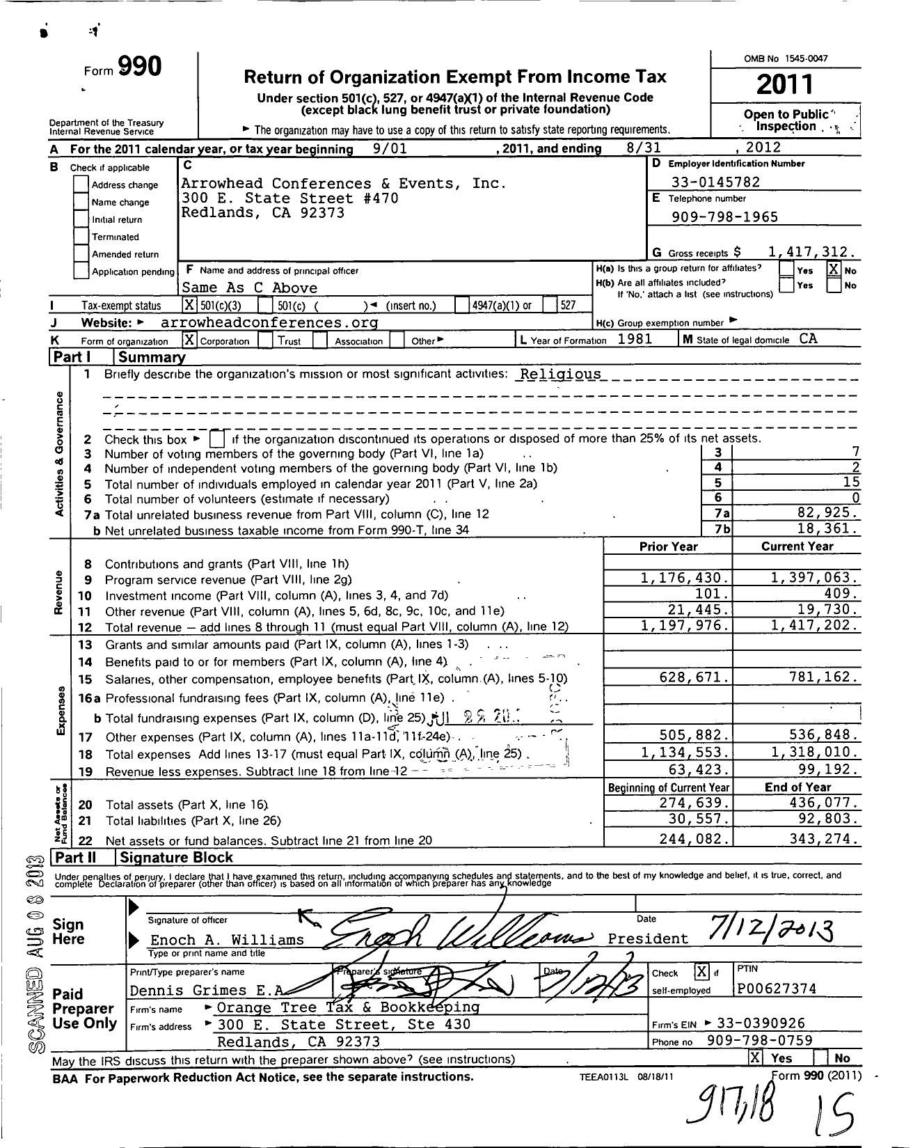 Image of first page of 2011 Form 990 for Arrowhead Conferences and Events