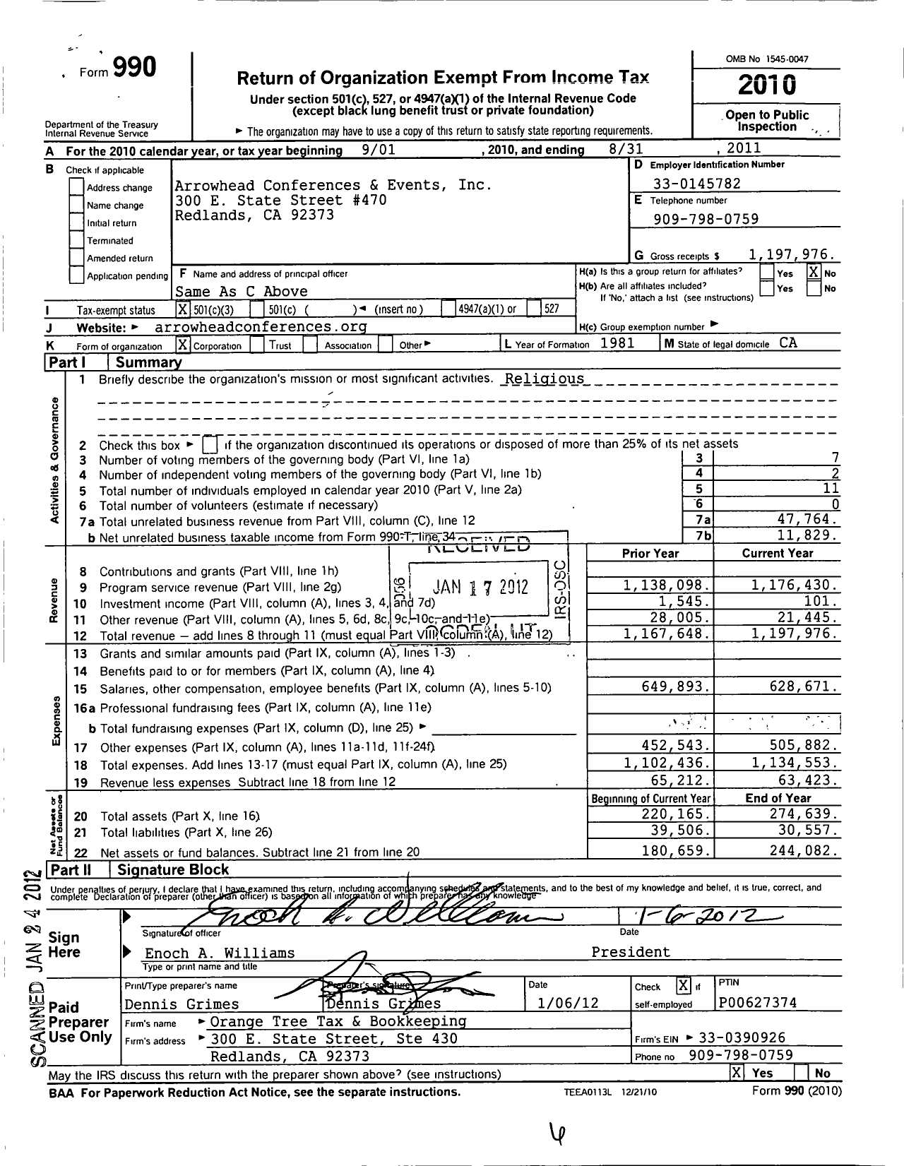 Image of first page of 2010 Form 990 for Arrowhead Conferences and Events