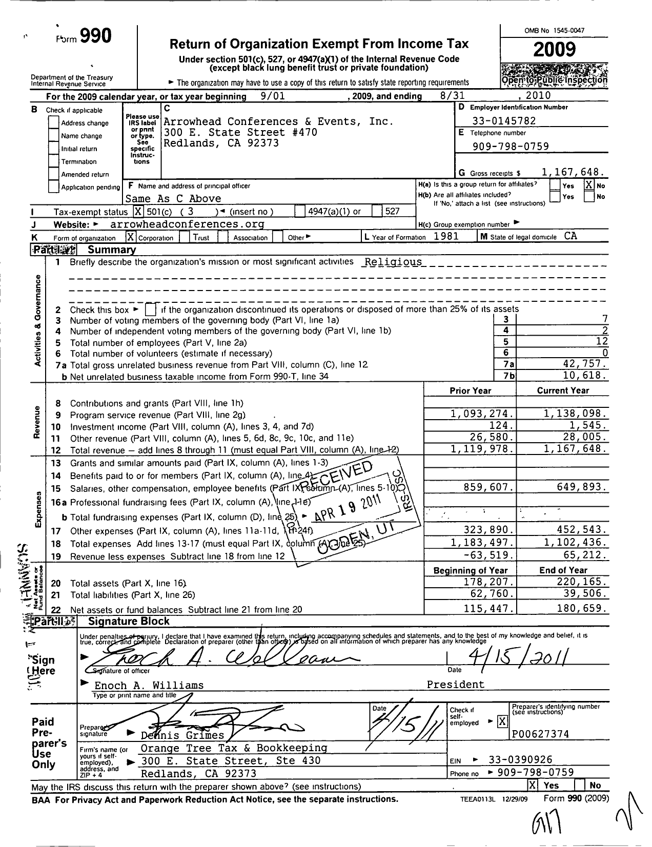 Image of first page of 2009 Form 990 for Arrowhead Conferences and Events