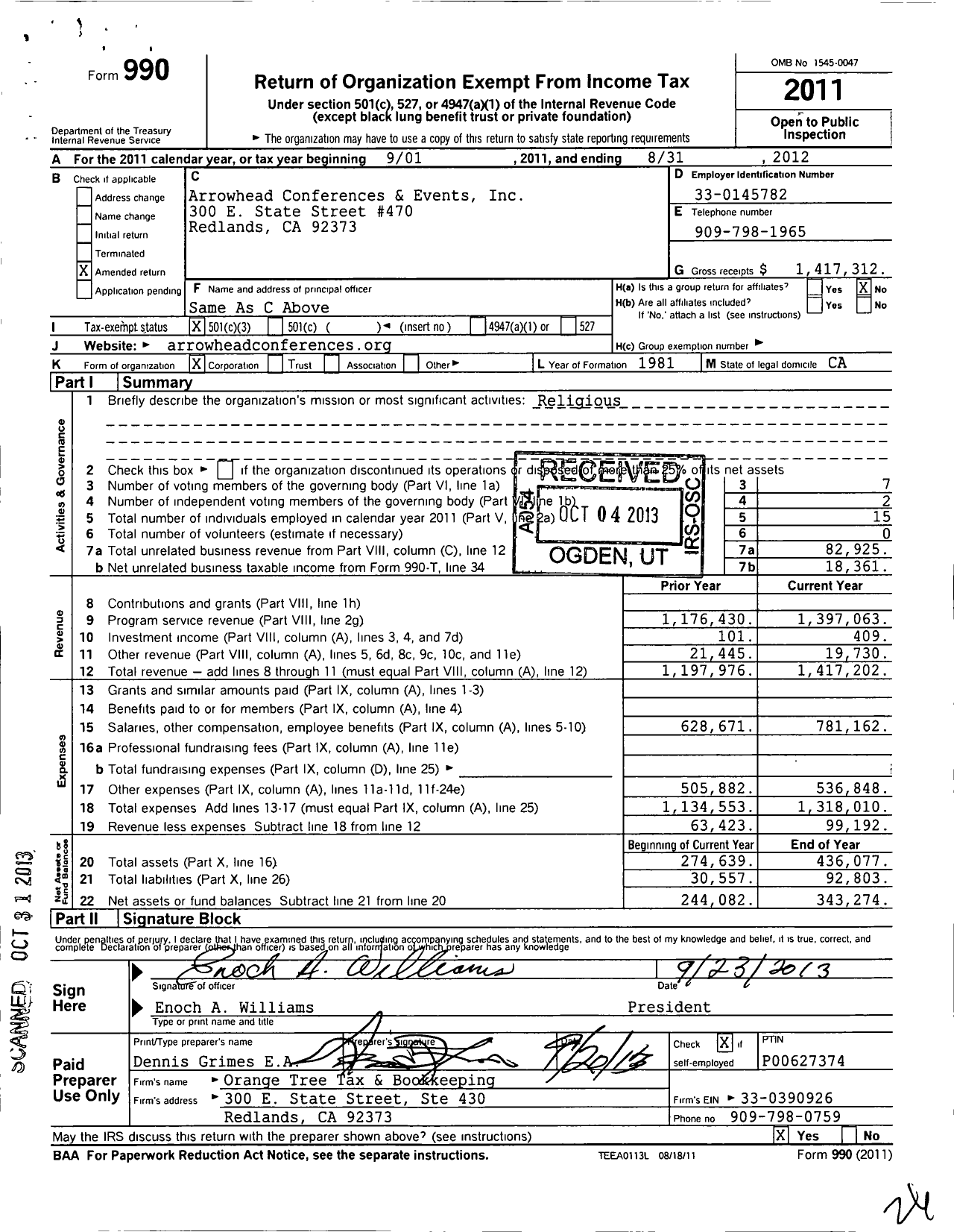 Image of first page of 2011 Form 990 for Arrowhead Conferences and Events