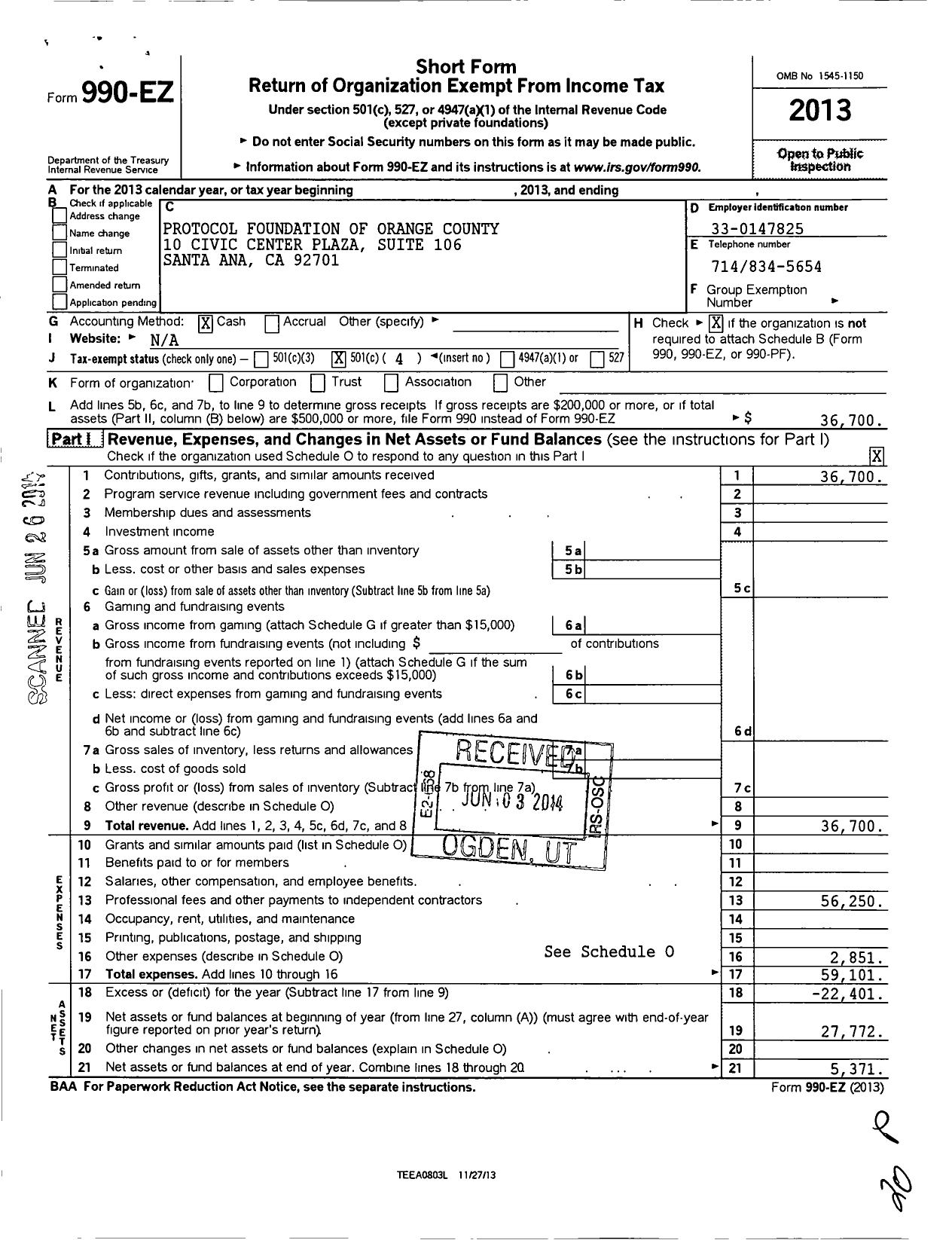 Image of first page of 2013 Form 990EO for Protocol Foundation of Orange County