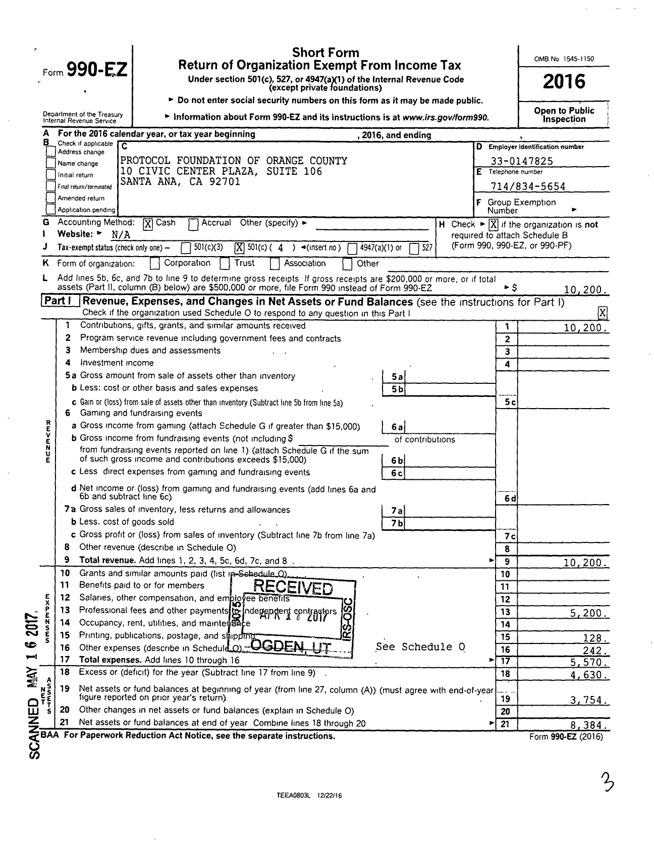 Image of first page of 2016 Form 990EO for Protocol Foundation of Orange County