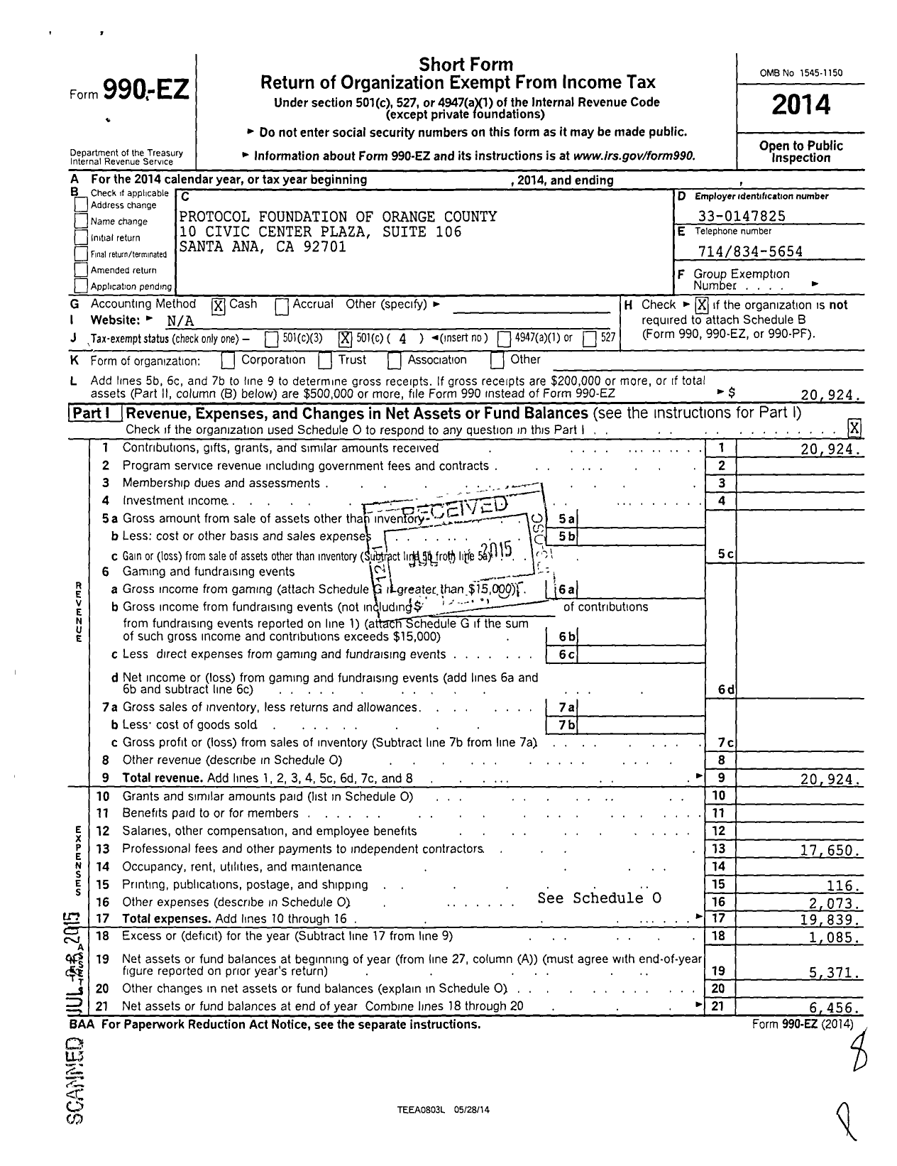 Image of first page of 2014 Form 990EO for Protocol Foundation of Orange County